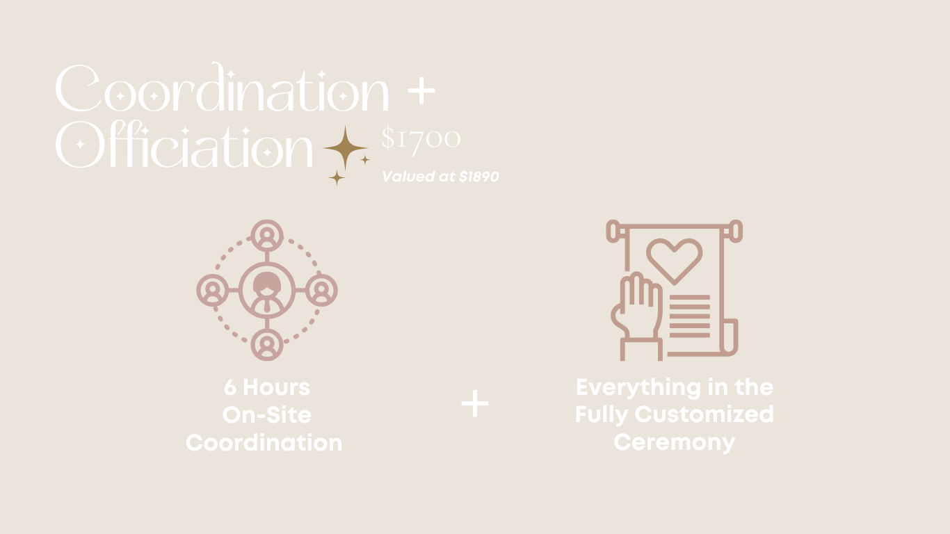 Details of a service package titled 'Coordination + Officiation' priced at $1700, valued at $1890, including 6 hours on-site coordination and a fully customized ceremony.