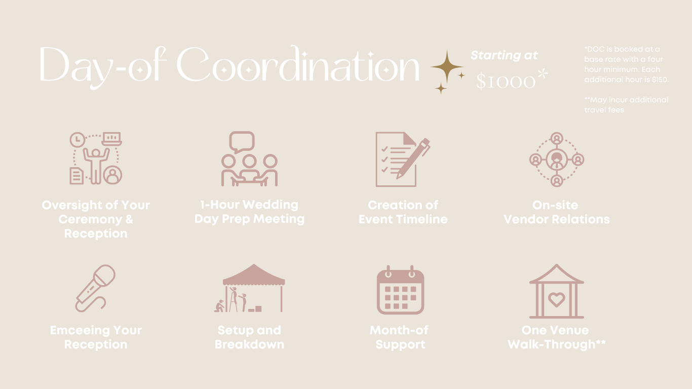 A promotional graphic for wedding coordination services with a gold background. It features icons and text describing various services including oversight of the ceremony and reception, a wedding prep meeting, event timeline creation, on-site vendor relations, reception emceeing, setup and breakdown, month-of support, and venue walkthroughs. The price starts at $1,000, with notes about additional fees and booking details.