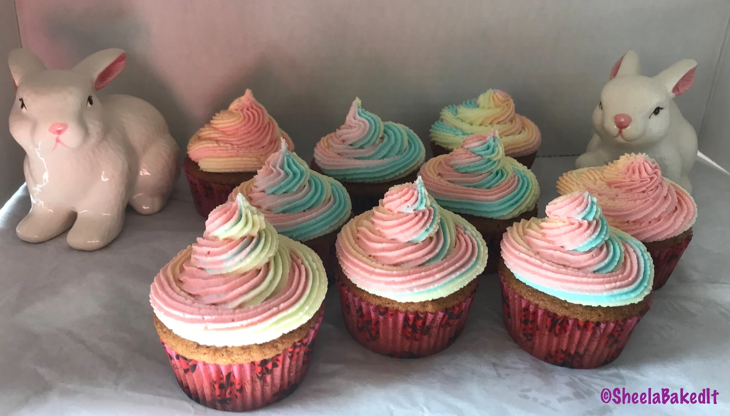 Strawberry cupcakes w/lemon rainbow frosting 