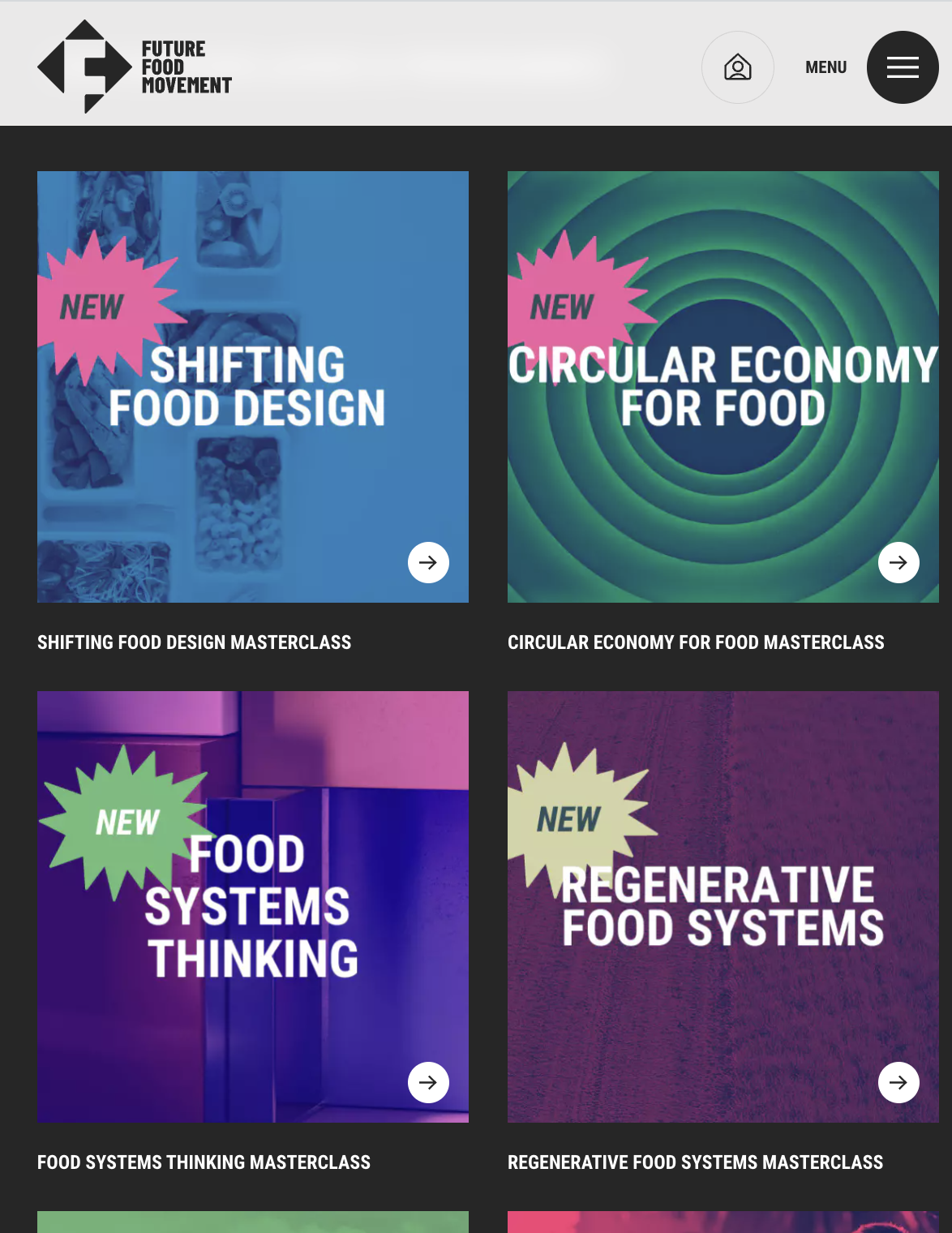 Screenshot of the Future Food Movement website showcasing four masterclass programs: Shifting Food Design, Circular Economy for Food, Food Systems Thinking, and Regenerative Food Systems, with colorful backgrounds and 'New' labels.