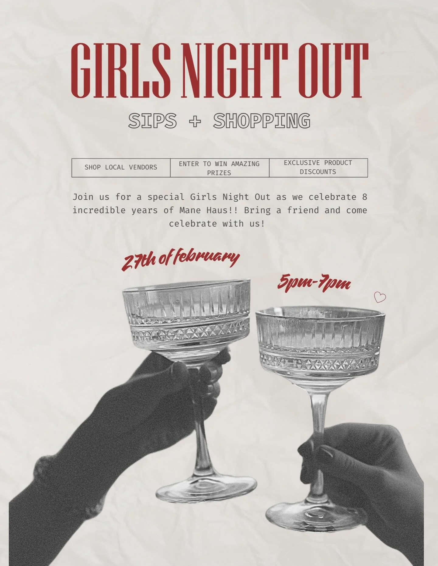 🪩 Tonight&rsquo;s the Night! Girls Night Out! 🪩
We&rsquo;re so excited to host our Girls Night Out event tonight &mdash; and you&rsquo;re invited! 💖
Grab your besties and come enjoy a fun evening of shopping, sipping, and treats with some amazing 