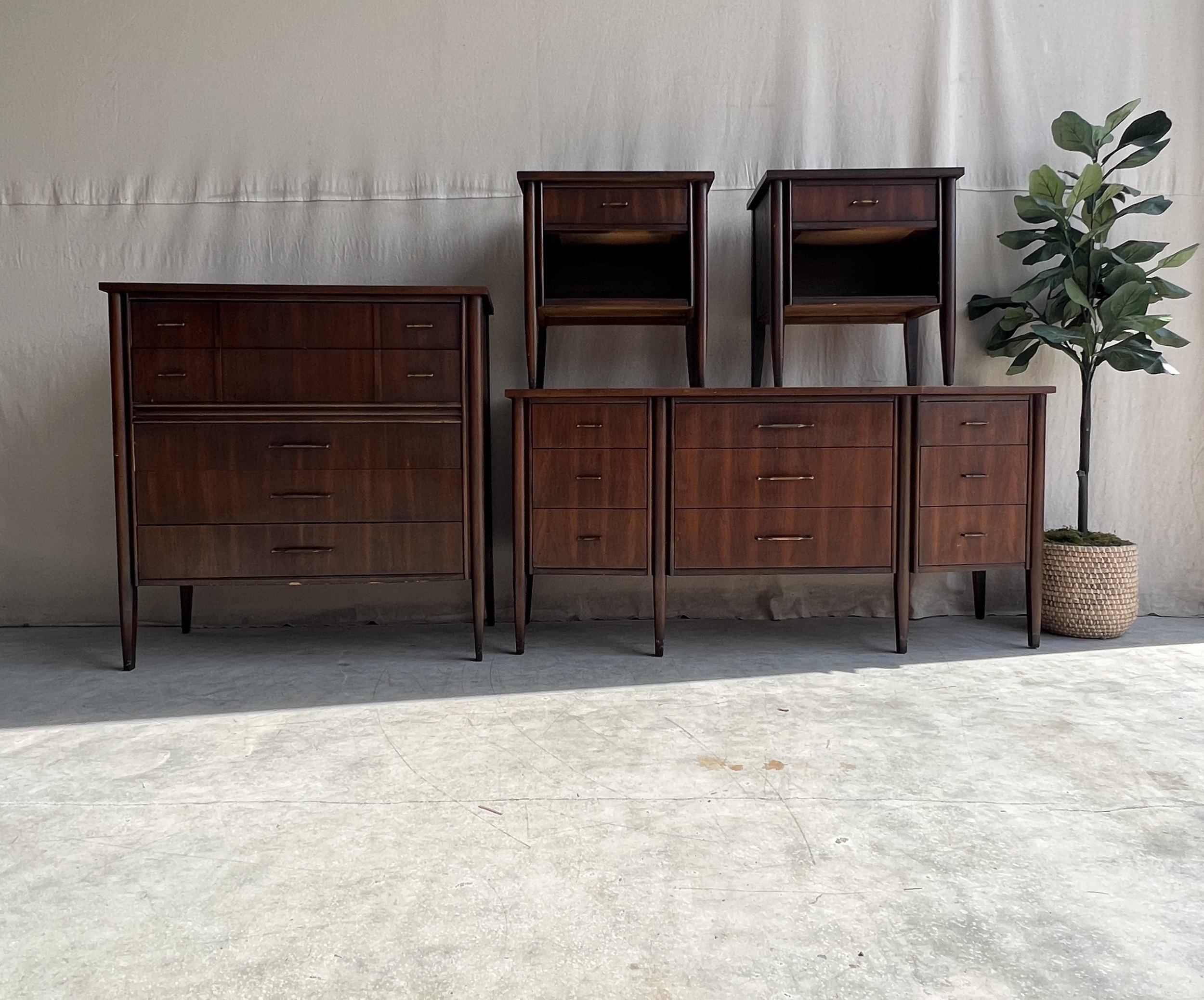 Vintage Mid Century Modern Dresser, Chest, Nightstands Set