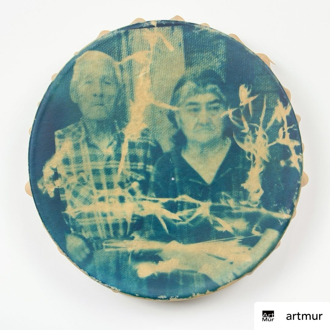 Cyanotype on elkhide. Photo of my chapans, Edward Twin and Julienne Courteoreille. 🩵💚💙
Julienne was Cree M&eacute;tis, born in Heart Lake AB. We don't have documentation for Edward but he's from the Dakotas and most likely Sioux. 
Posted @withregr