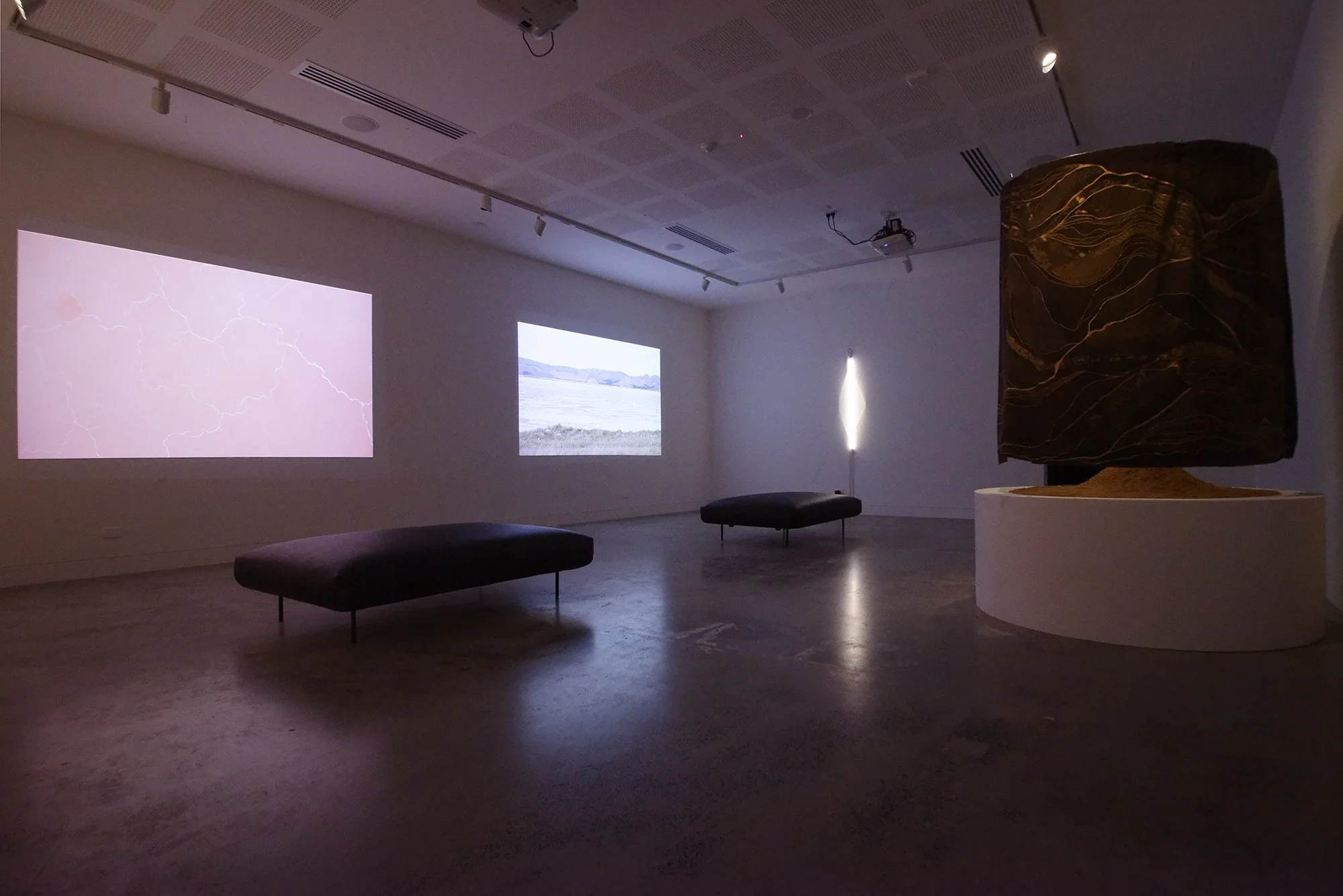 Group Exhibition: held by embracing droplets (installation view). Exhibited at Lismore Regional Gallery, 25 September 2026 - 31 January 2027. Photography by Cherie Winter.

Artists: Akil Ahamat, Leitu Bonnici, Kylie Caldwell, Country as Teacher, Buzz