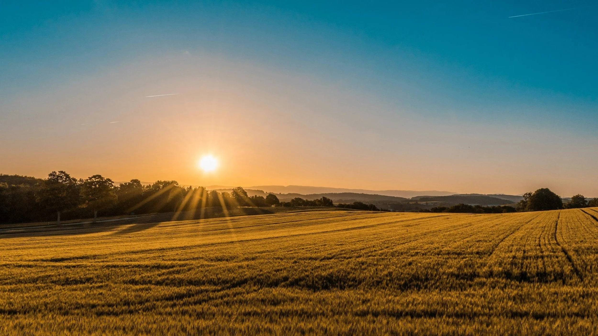 A rural landscape at sunset with a bright sun near the horizon, casting golden light over fields and hills, with trees in the background and a clear blue sky.