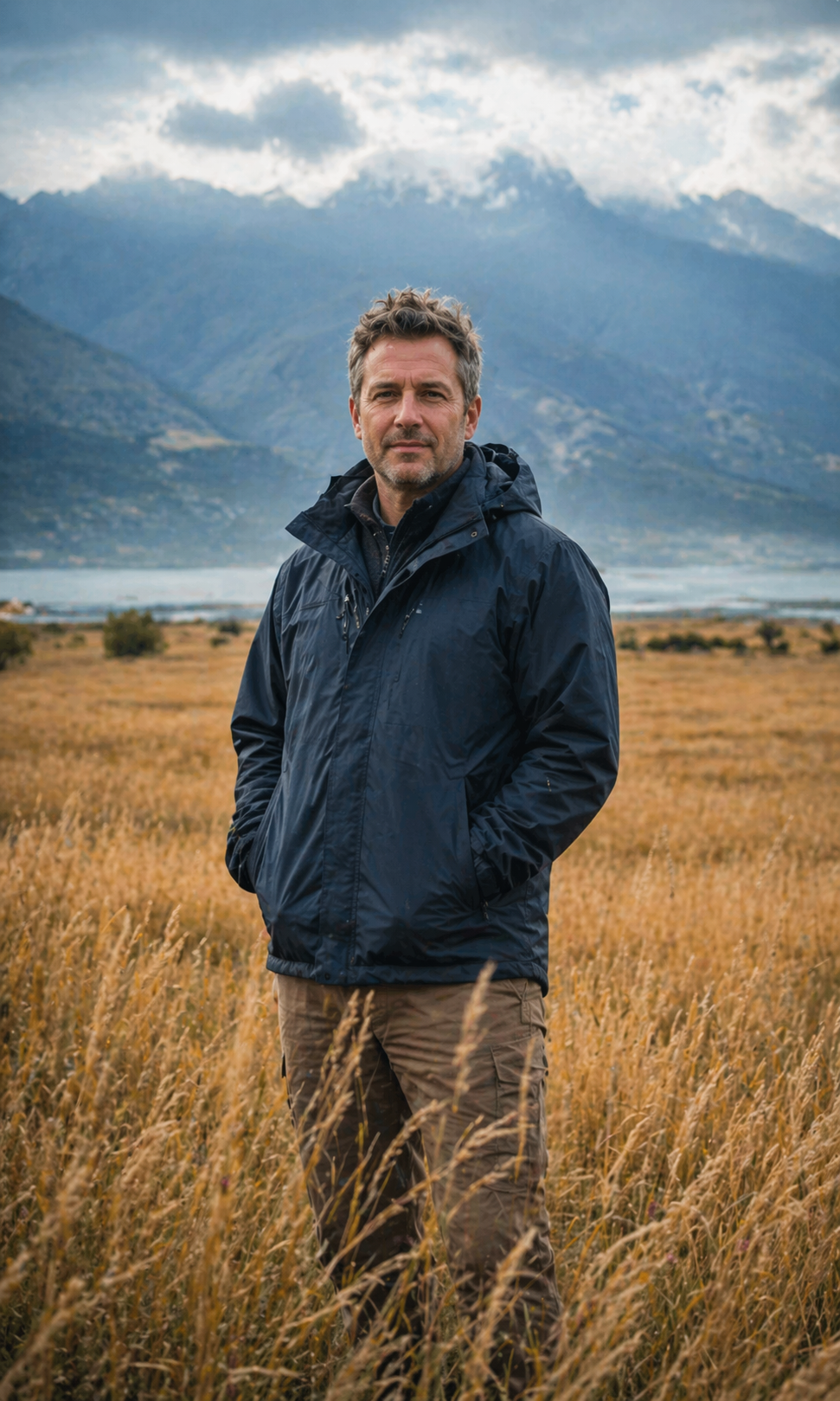 A man standing in a field with tall grasses, wearing a dark rain jacket, overlooking a lake with mountains in the background and cloudy sky.