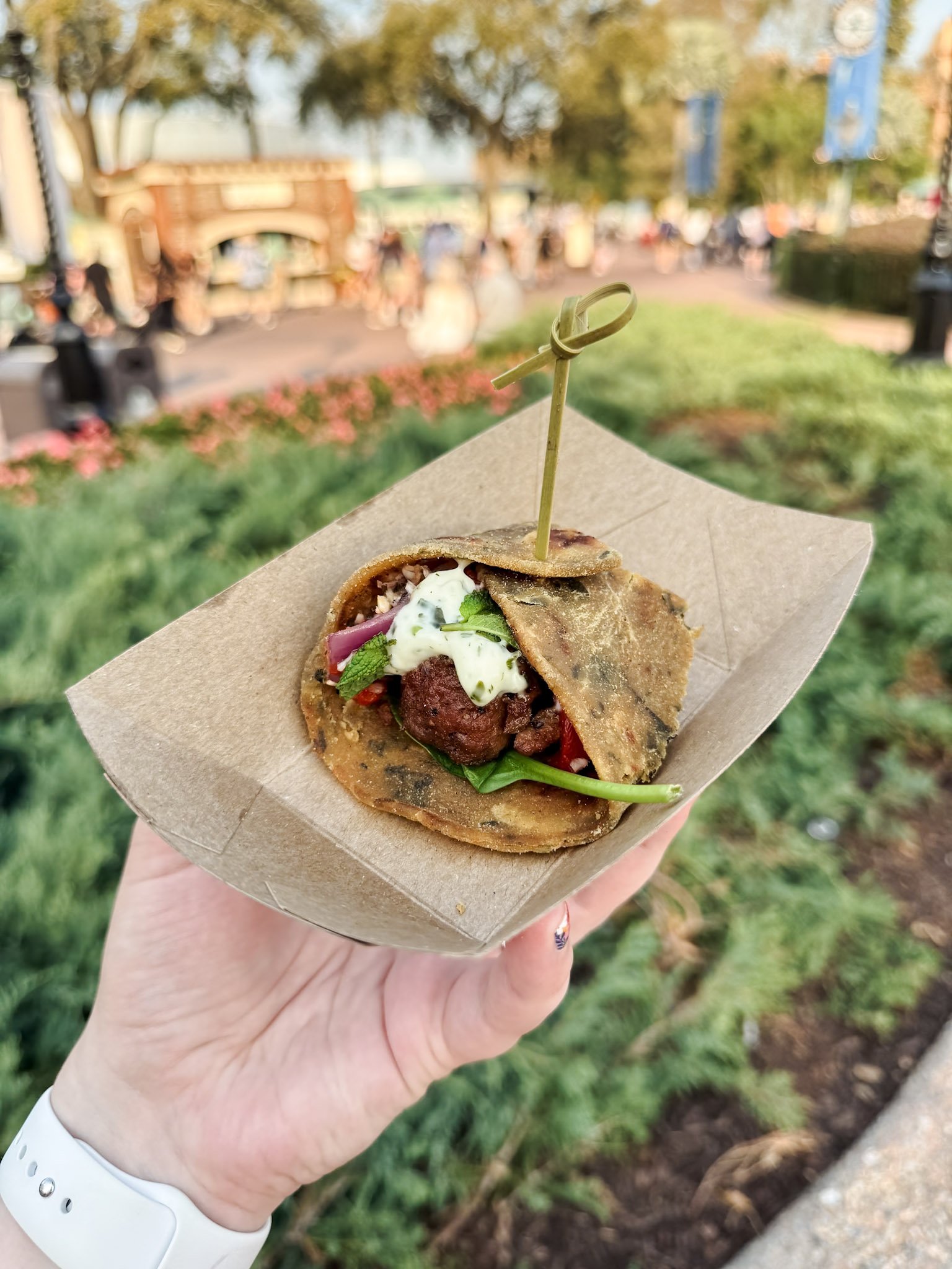 Impossible Farmhouse Meatball with Lentil Bread, Spinach, Marinated Vegetables and Creamy Herb Aioli (plant-based, Garden Graze item)