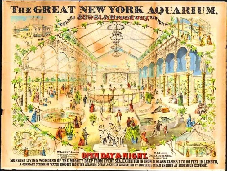 Late 19th century artistic advertisement of the New York City Aquarium during the management of William Cameron Coup