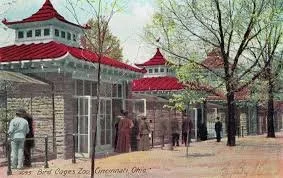 1895 postcard of the pagoda style aviaries that lined the Cincinnati Zoological Gardens. These were erected in 1876, the year prior to the events of the show.