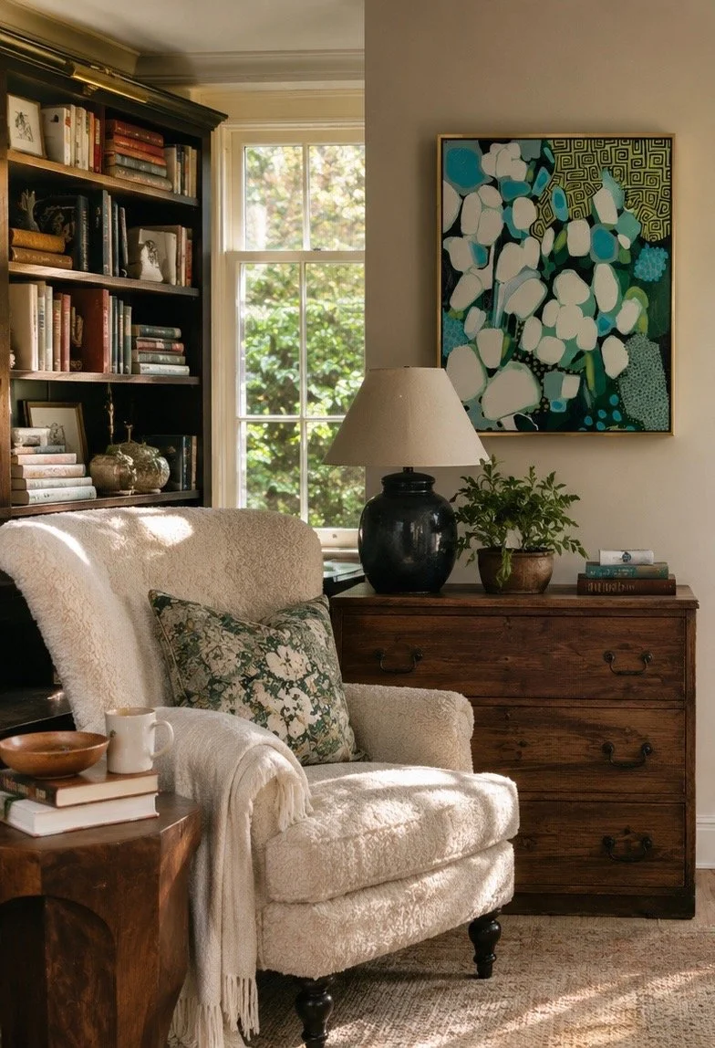 an abstract painting of whites, blues and greens hangs above a dresser with a lamp on it and a white armchair