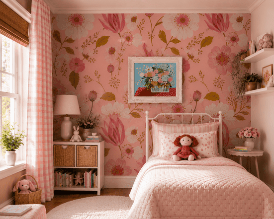 a painting of pink, white and yellow flowers hangs above a white bed with a doll on it in a room painted with pinks and reds