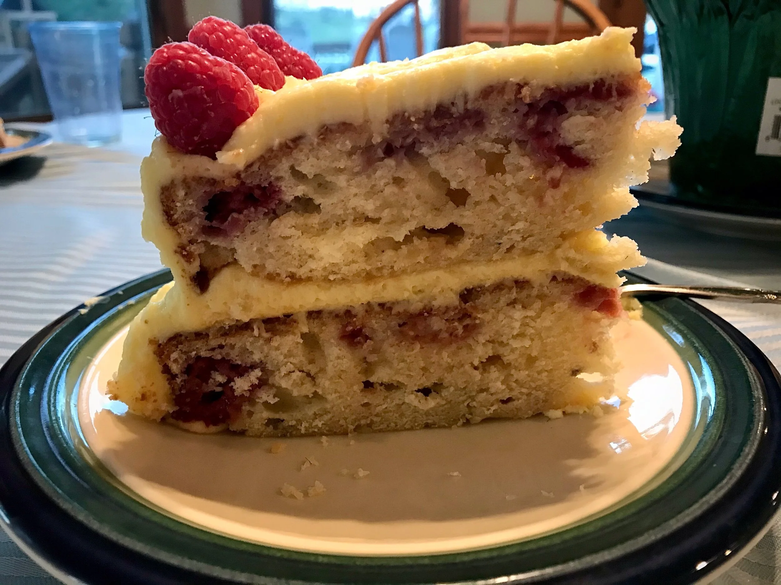 Wish I could show the beautiful bright color  of the raspberries. I made the cake for others snd cut it in their home.