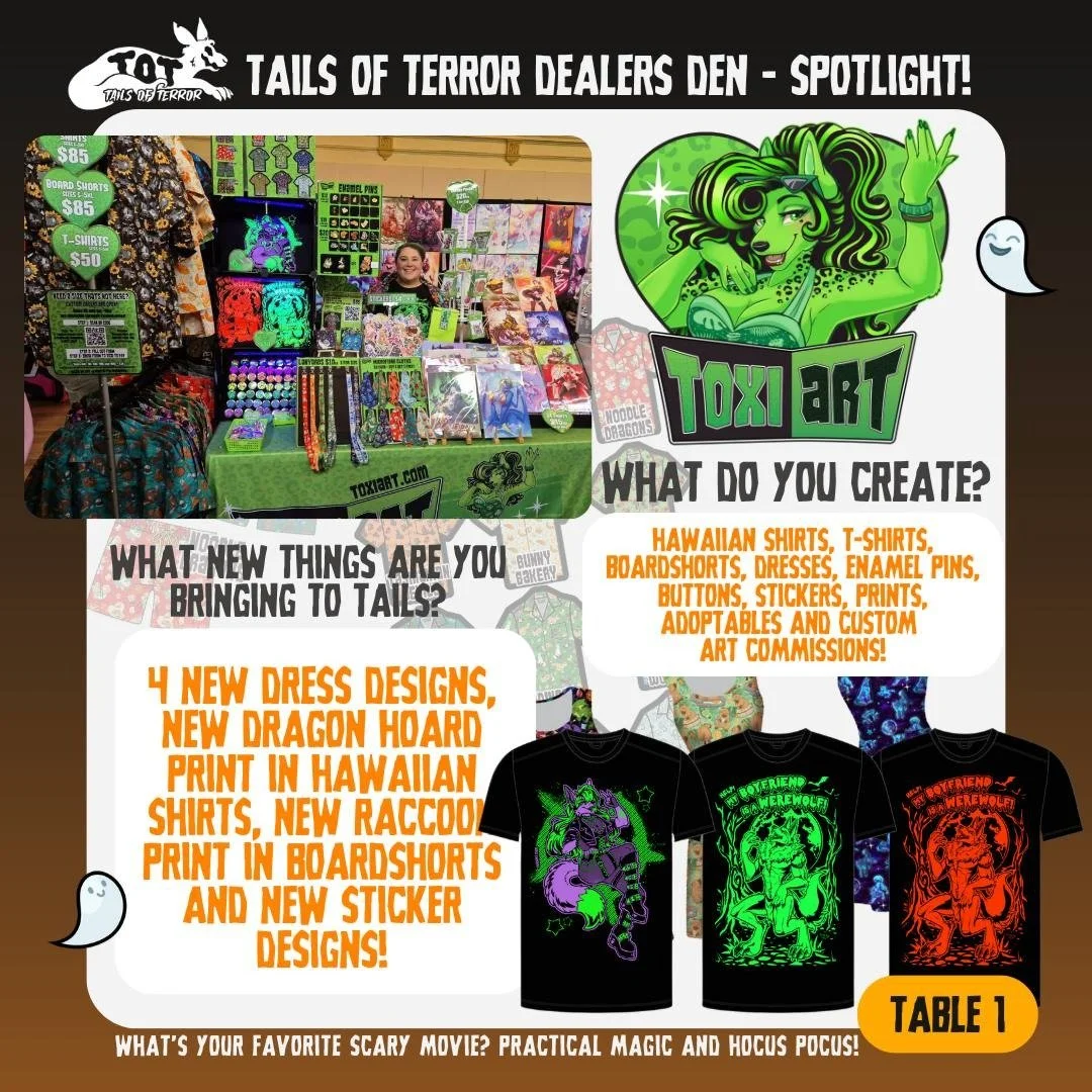 Who am I seeing at Tails of Terror next weekend?! Come find me at Table 1 in the dealers den! I'm so excited to finally be debuting my brand new dress line with FOUR pattern including New Capybaras, new dragon hoard, old favourite Galaxy wolves and a