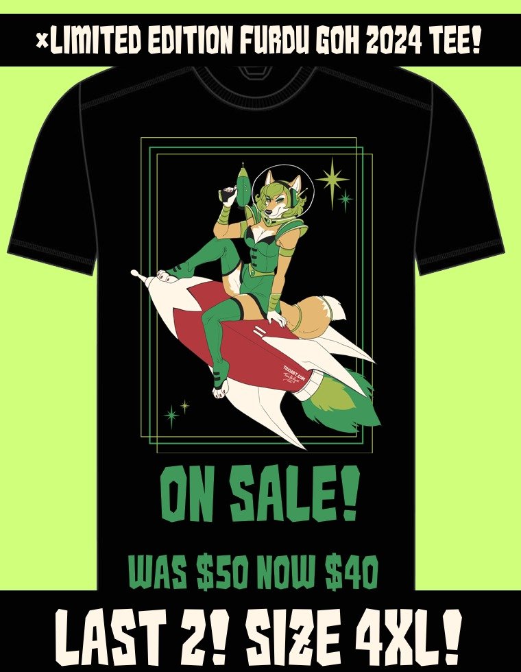 Only 2 left! Size 4xl!

Limited edition Space Dingo Tee from my Furdu GOH year 2024!

Available on the sale in my online store! 
Get free shipping within australia when spending over $150 AUD using code AUSHIP150 at checkout!

https://www.toxiart.com