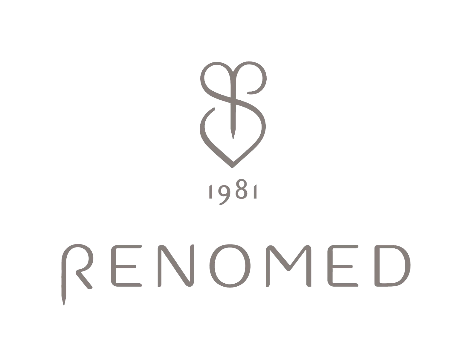 A logo with a stylized heart and needle design above the text '1981' and the word 'Renomed' in a modern font, all in gray on a transparent background.