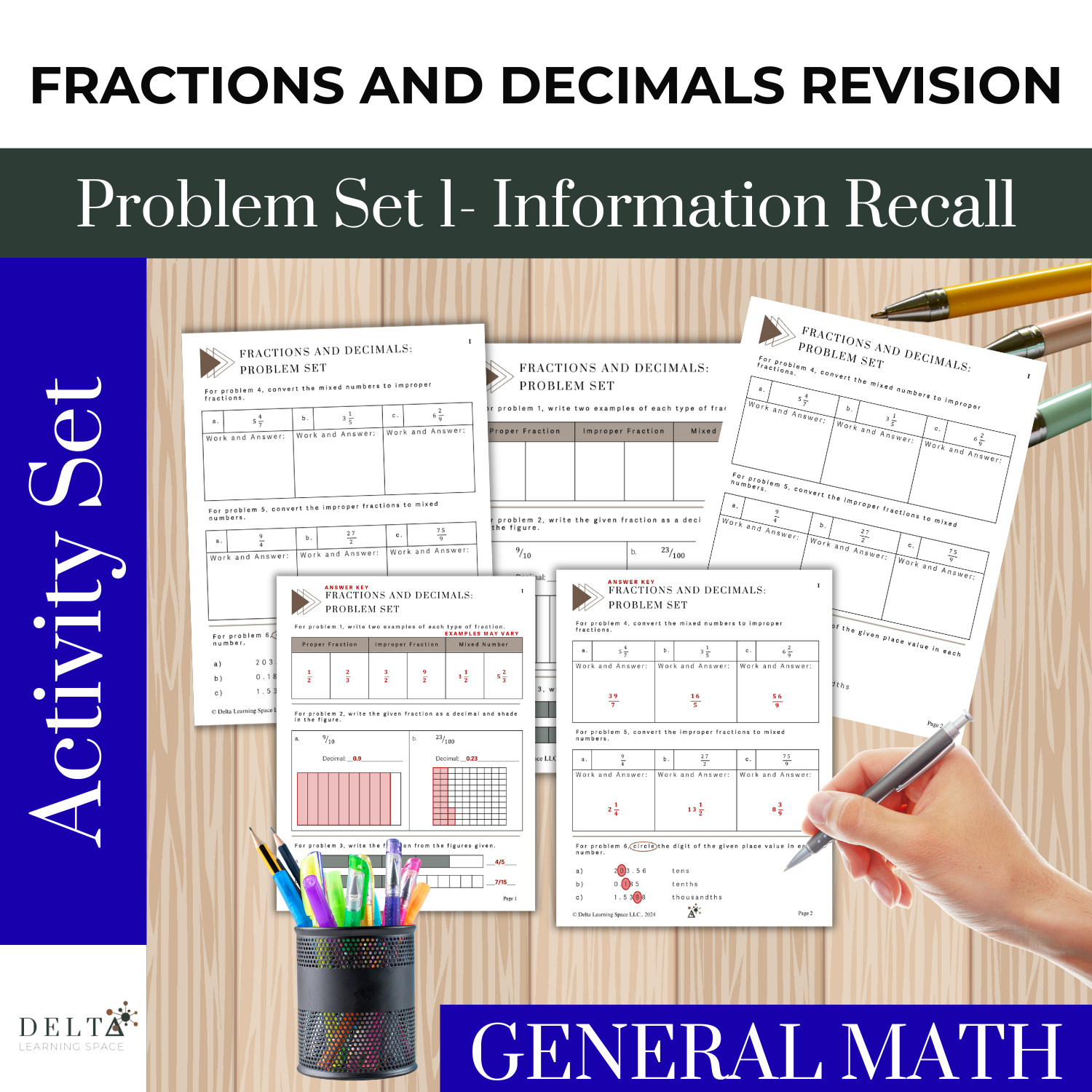 Educational poster on fractions and decimals revision including worksheets, answer keys, and writing tools, with a pencil in hand, on a wooden surface background.