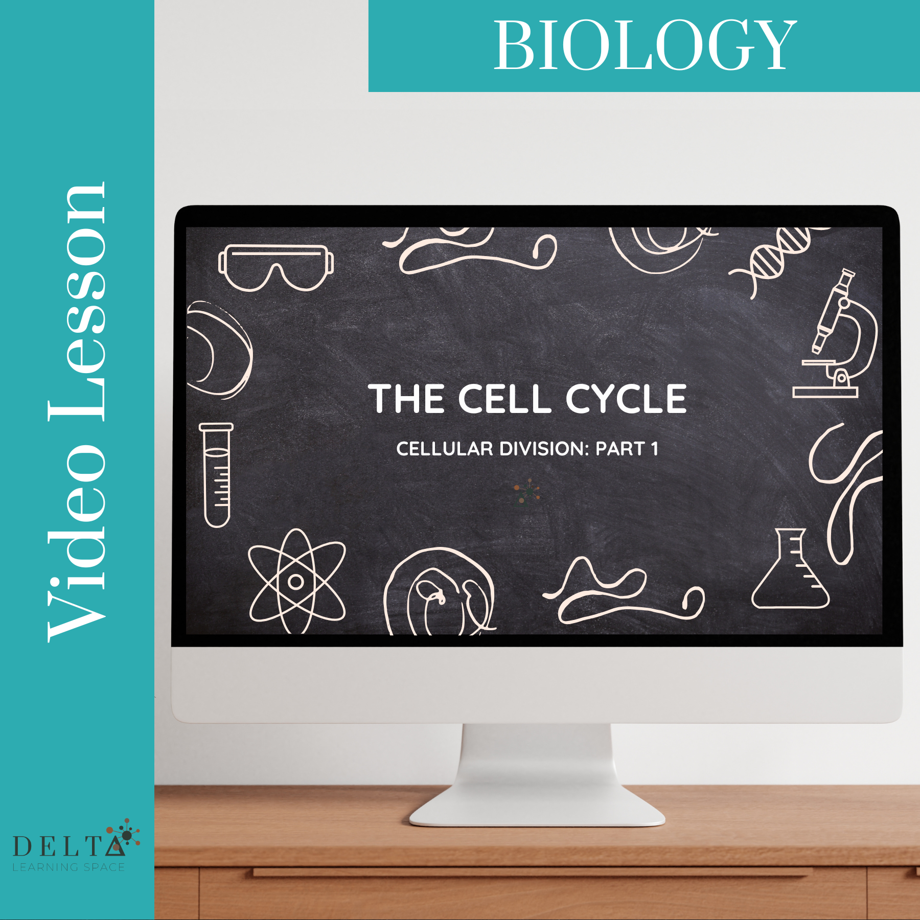 Computer monitor displaying a biology textbook titled "The Cell Cycle" with graphical illustrations of scientific symbols such as a microscope, DNA, and cells, on a wooden table.