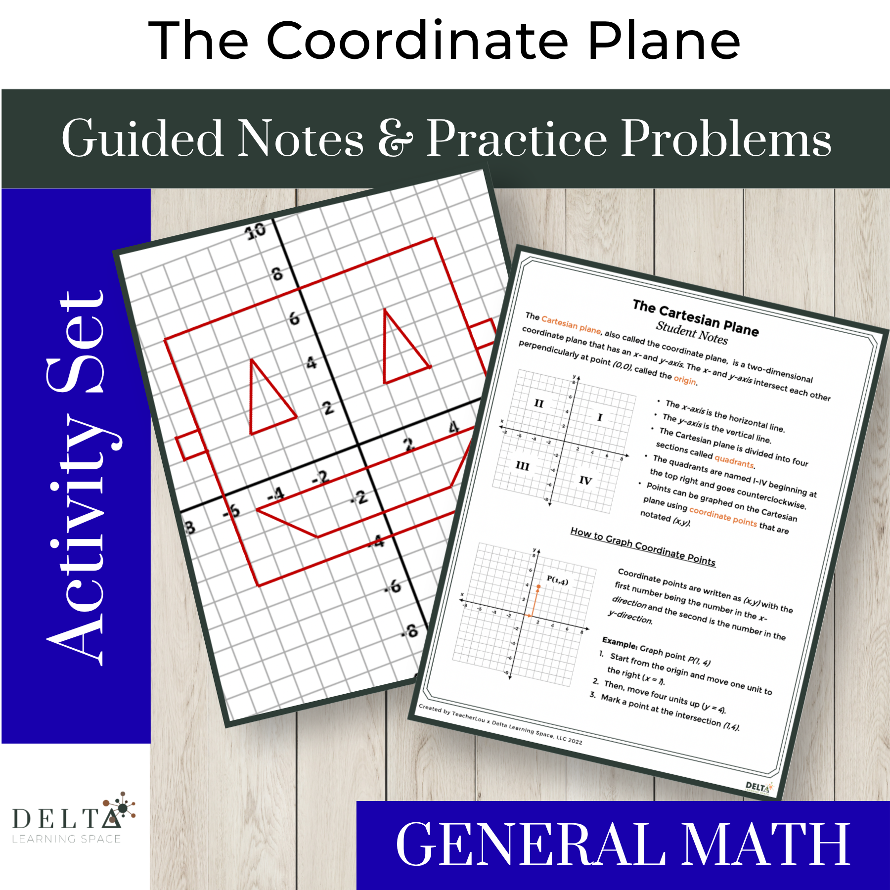 Cover of a math worksheet titled 'The Coordinate Plane Guided Notes & Practice Problems' with mathematical graphs and explanations about the Cartesian plane.