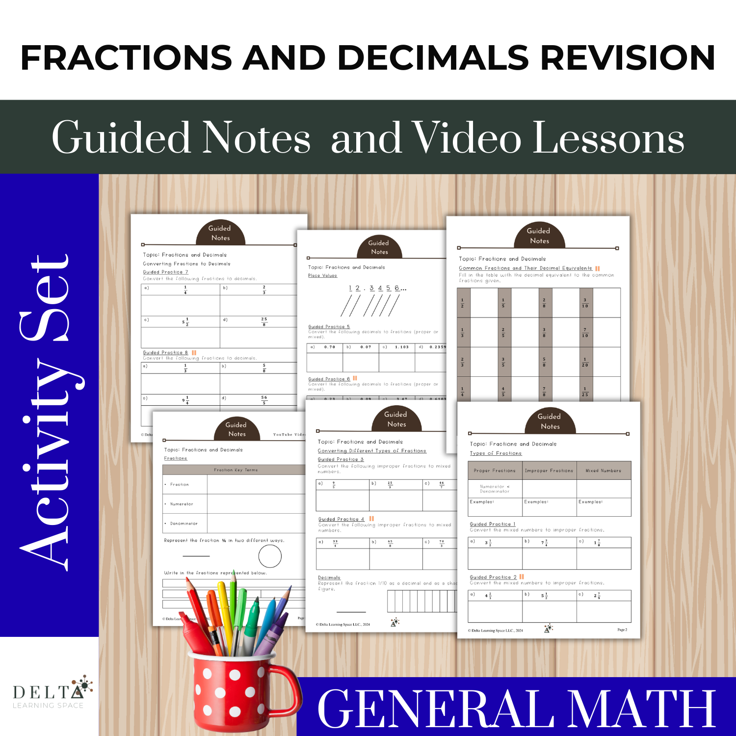 Educational poster for fractions and decimals revision with guided notes and video lessons, featuring worksheets and a pen holder with colorful pens, titled 'Activity Set' on the side and 'General Math' center bottom.
