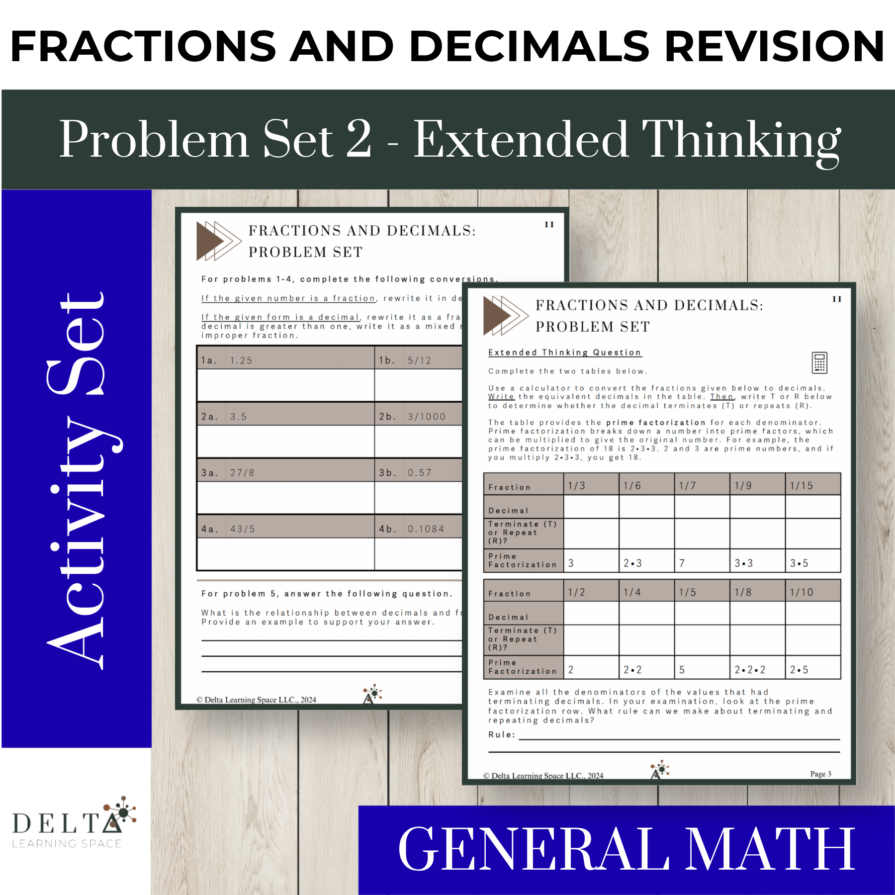 Cover page of a math worksheet titled "Fractions and Decimals Revision" for problem set 2, involving extended thinking activities, with example tables for converting fractions to decimals, and instructions for students.