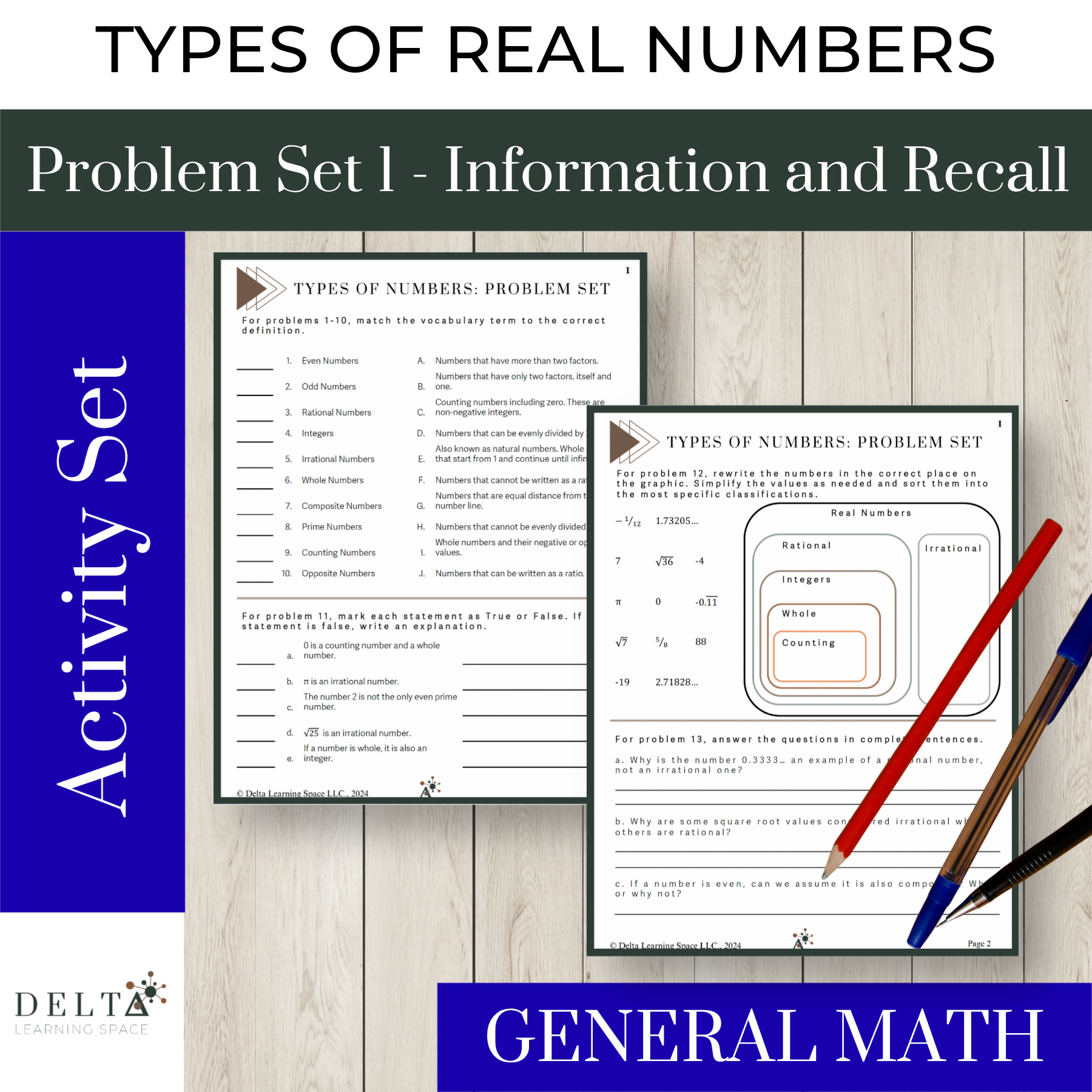 Educational materials about types of real numbers, including problem sets, definitions, and practice questions for math learning.