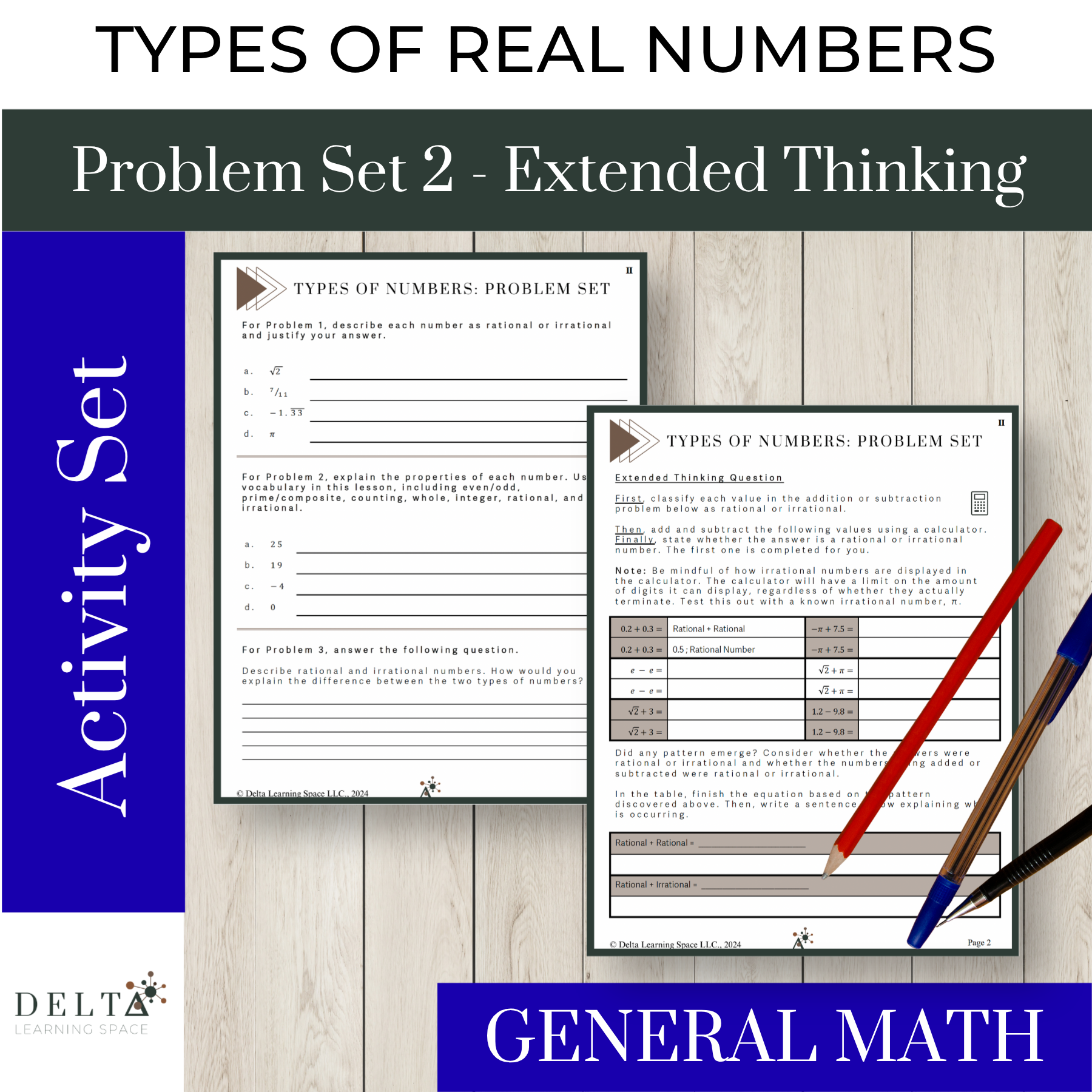 Cover pages for a math workbook titled 'Types of Real Numbers' and 'General Math,' featuring practice problems about rational and irrational numbers, with pens placed on the pages.
