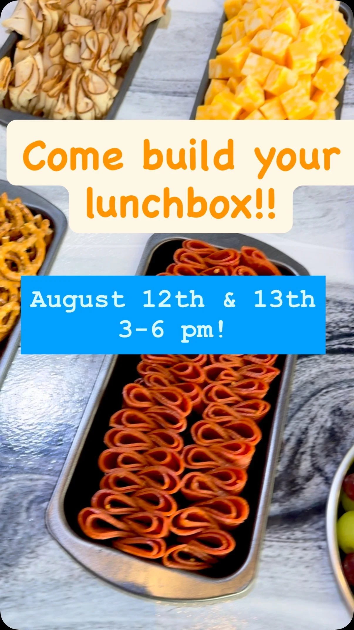 2nd ANNUAL B.Y.O LUNCHBOX!! 🥪 🍇🧀🥒
Come join us from 3:00 - 6:00pm on August 12th & 13th for your kids to come pack their lunch!! $10.99/student lunchbox!
Tag every mamma you know to help spread the word! We can’t wait to see you!!
B