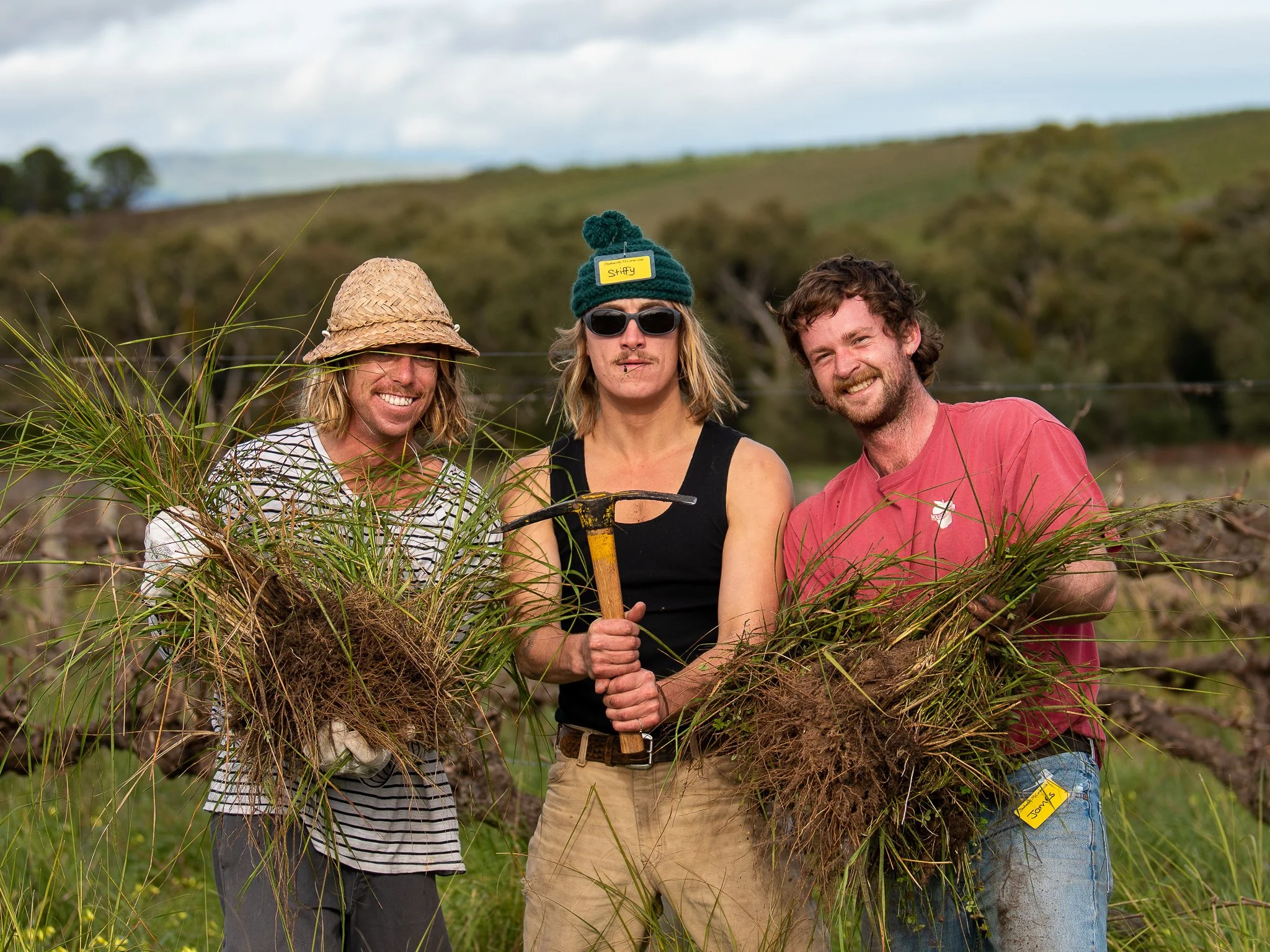 Three people outdoors holding grass clumps, with fields in the background.