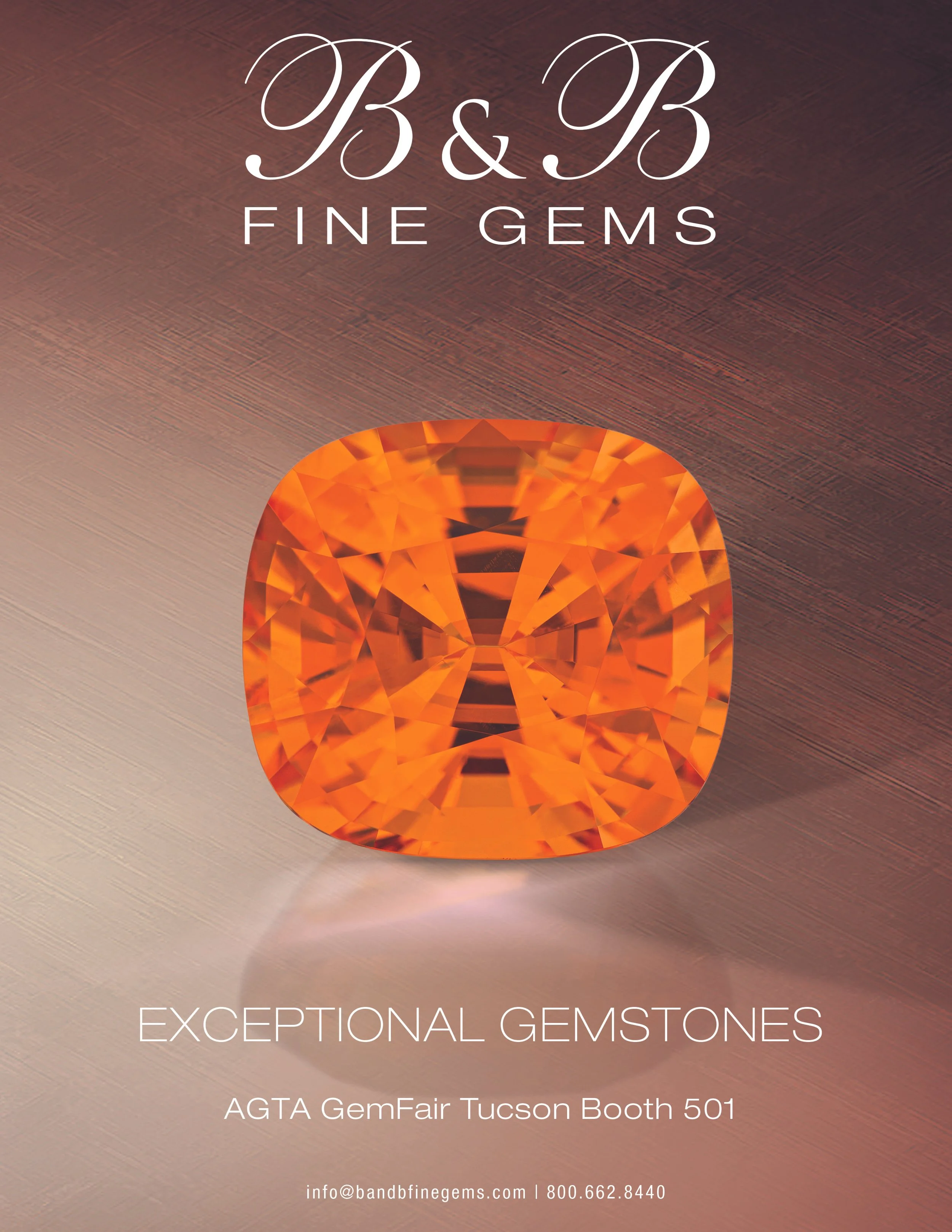 Poster for B & B Fine Gems at AGTA GemFair Tucson, booth 501. Features an orange gemstone and event details.
