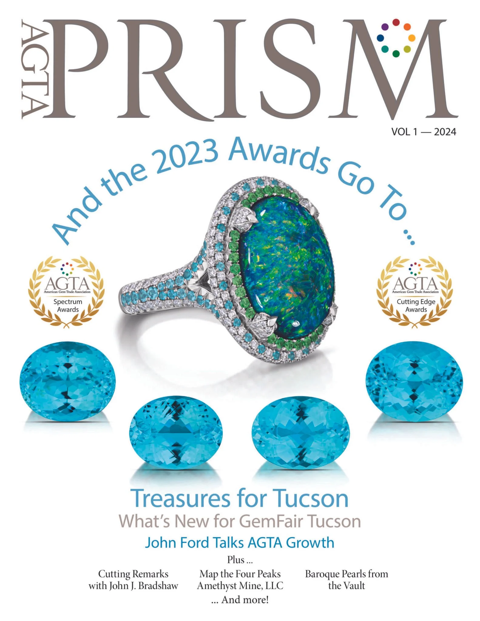 Cover page of a magazine titled 'The PRISM' with a colorful circular logo, highlighting the 2023 award winners and features of the issue, including jewelry, gemstones, and industry news.