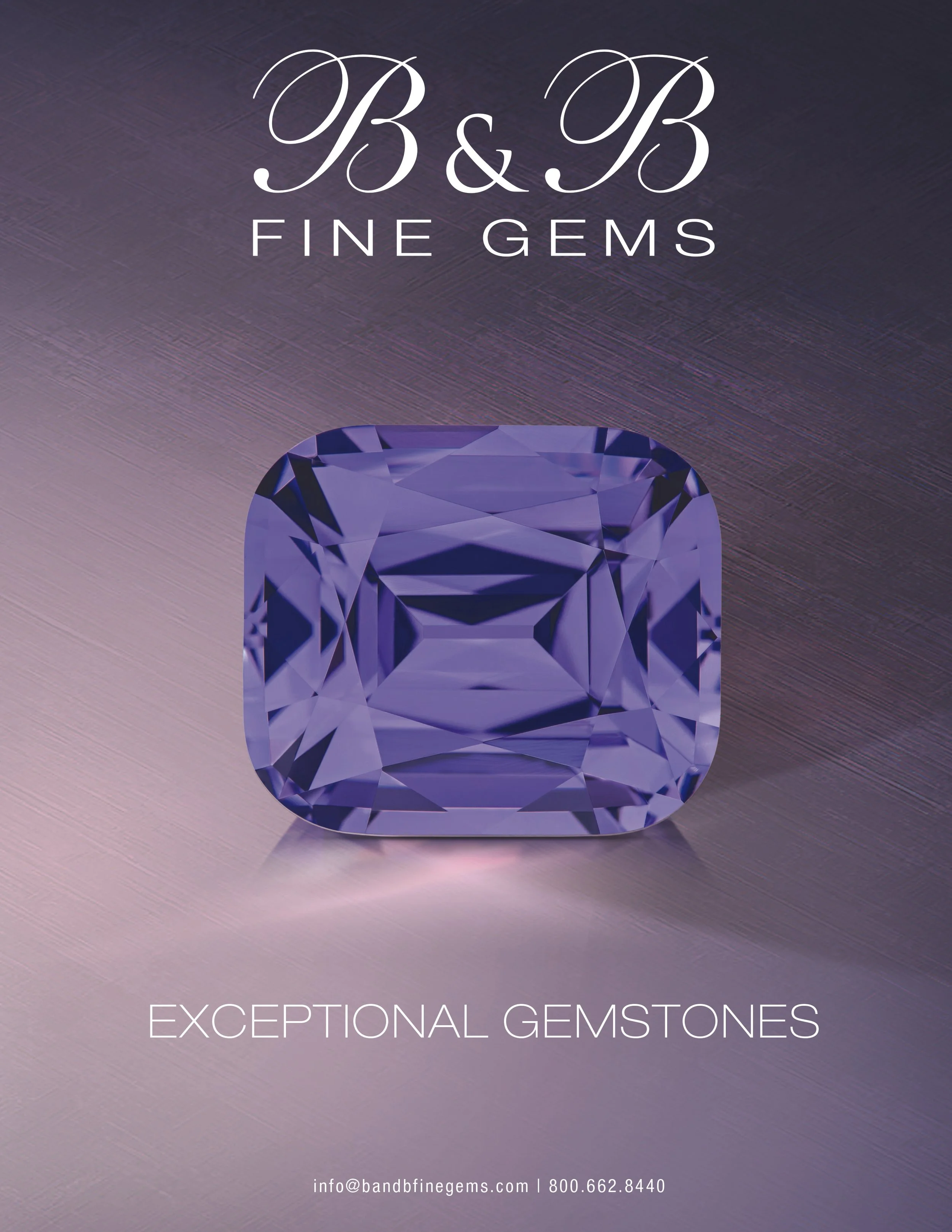 Advertisement for B&B Fine Gems featuring a large purple gemstone and the tagline "Exceptional Gemstones". Contact information included.