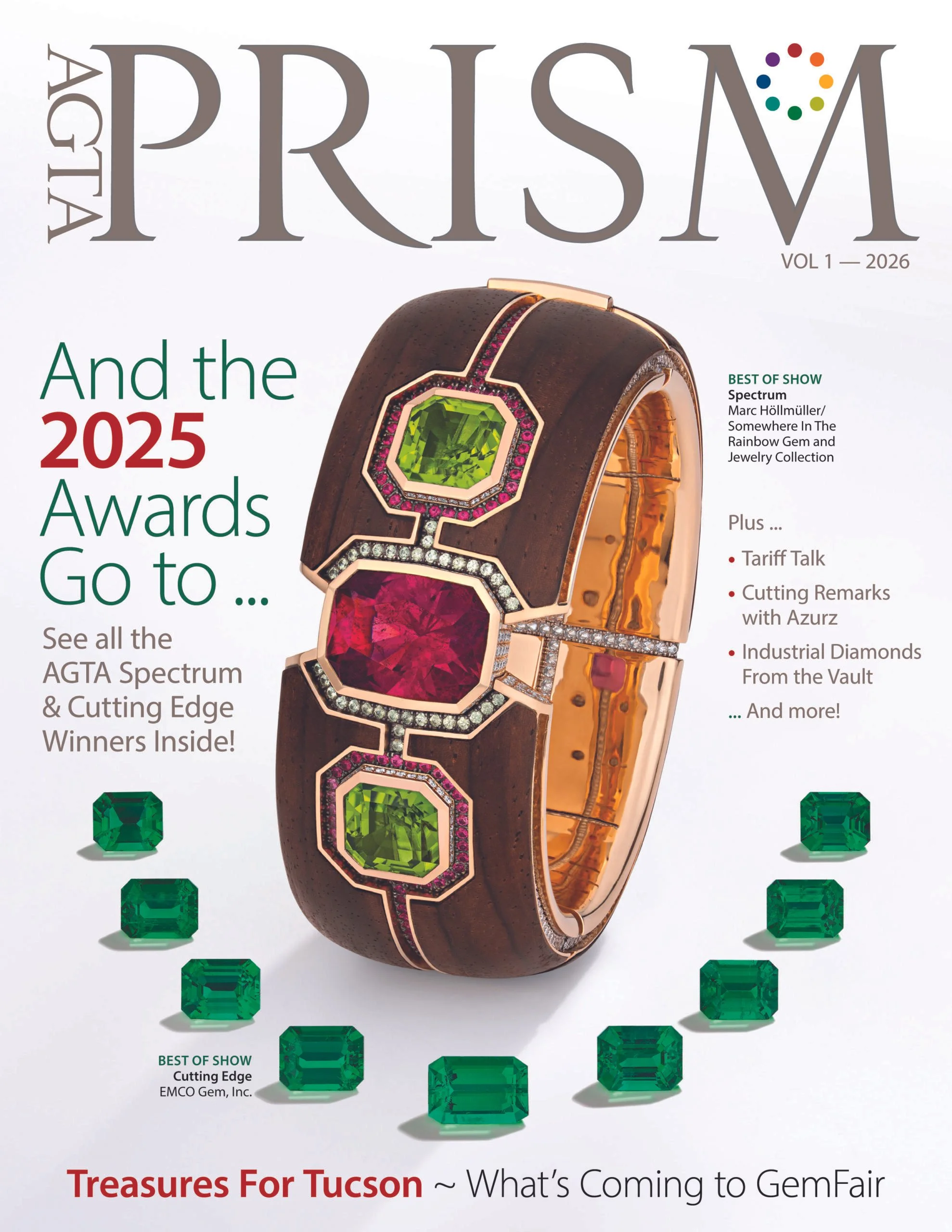 Magazine cover for AGTA Pulse Volume 1, 2026, featuring a piece of jewelry adorned with various colored gemstones, including green, red, pink, and white. The cover includes headlines about gem industry topics like spectrum, industrial diamonds, and A