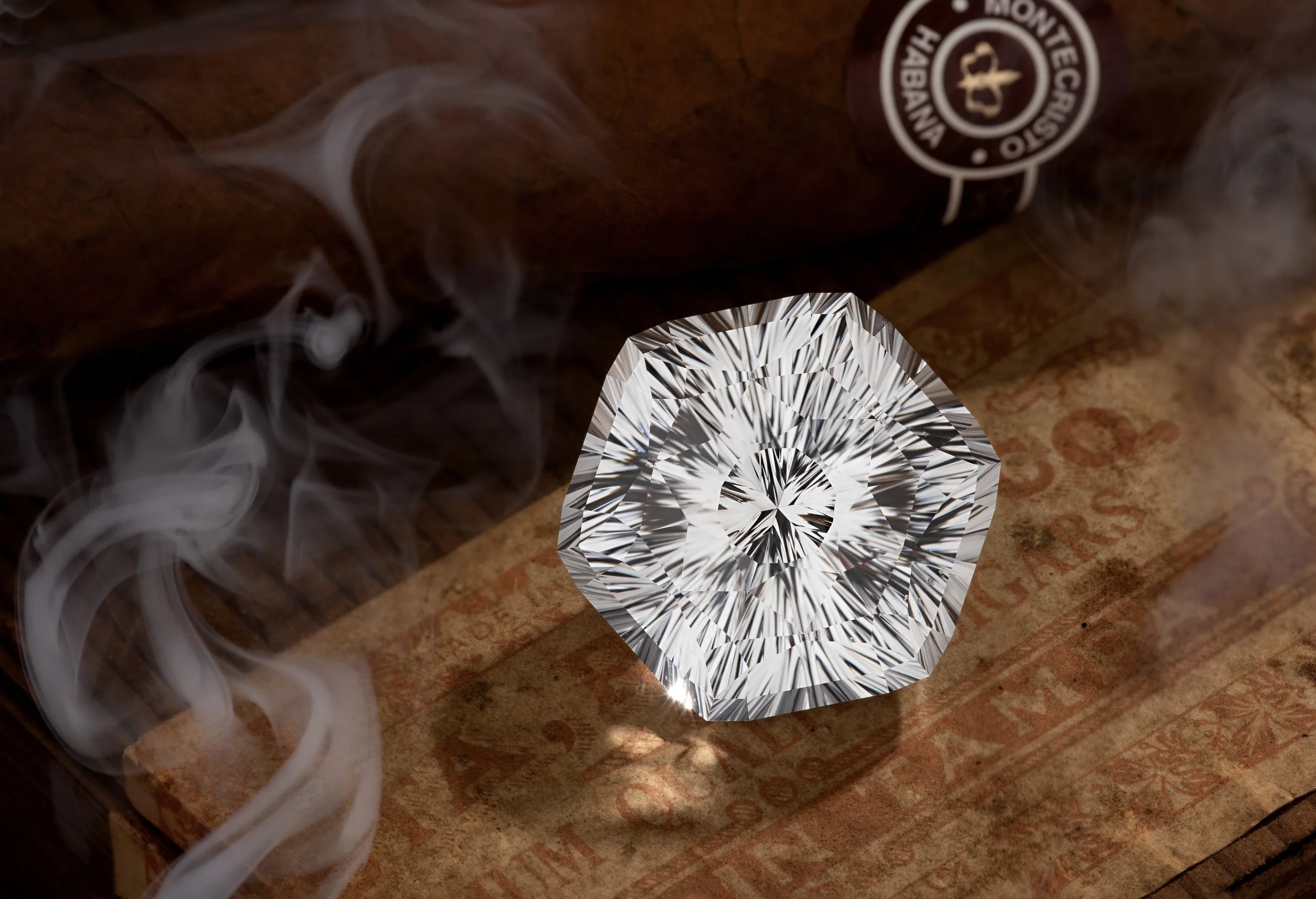 A close-up view of a sparkling Phenakyte gemstone  with swirling smoke nearby.