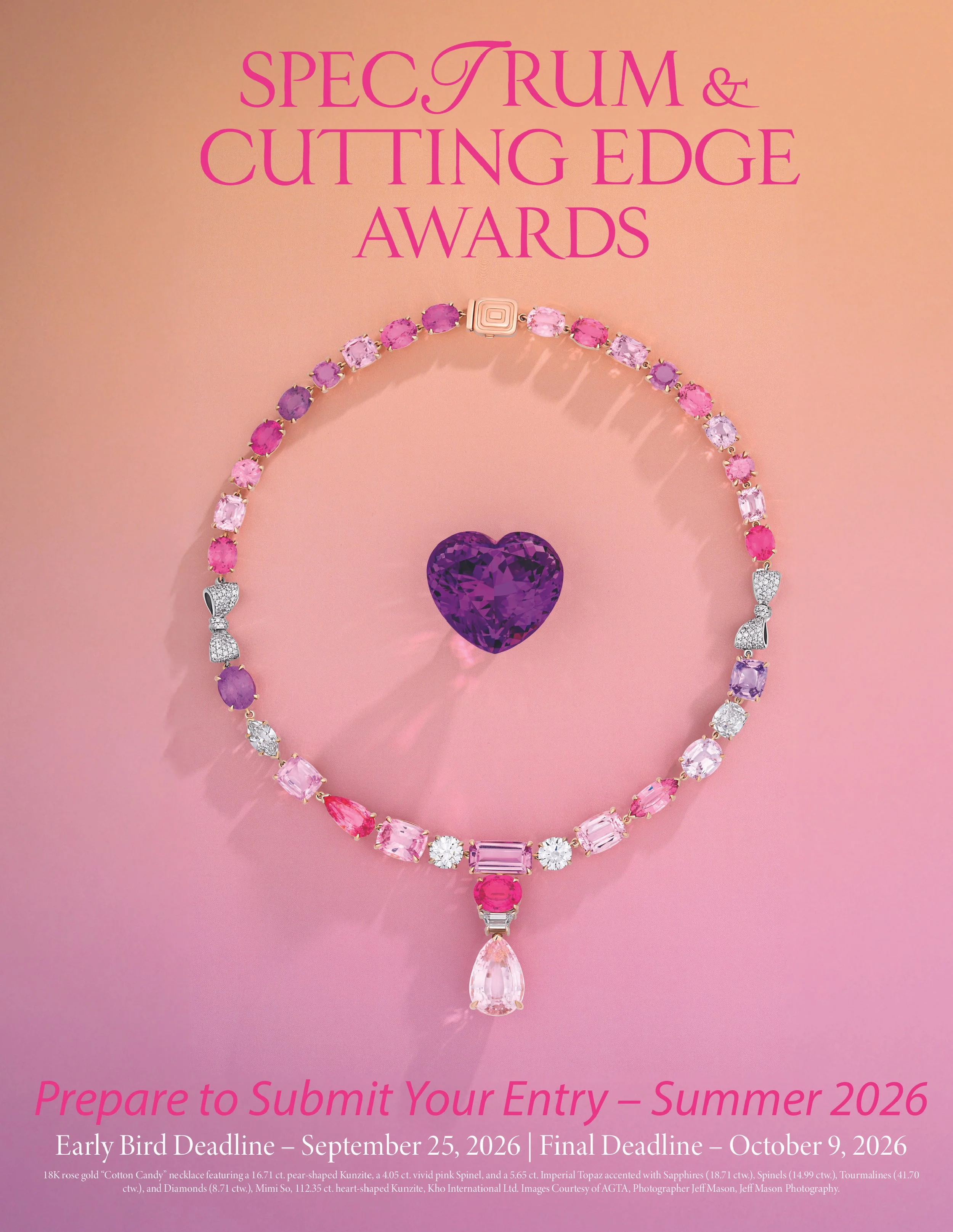 Pink background with a heart-shaped purple gemstone at the bottom center and a necklace with colorful gemstones above it. The necklace features various pink, purple, and clear stones, with a square charm at the top center. Text at the top reads 'SPEC