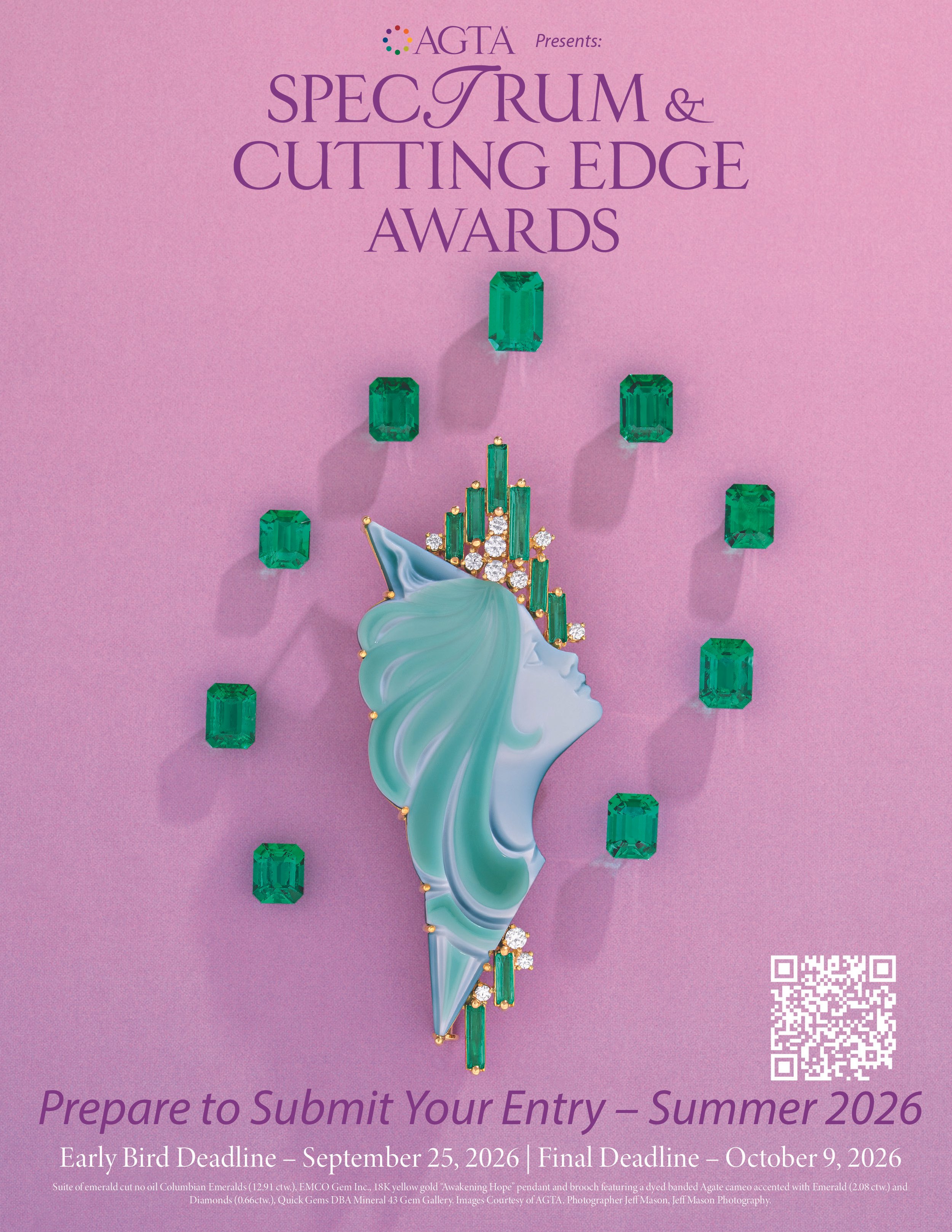 Purple promotional poster for the AGTA Spectrum & Cutting Edge Awards with an illustration of a woman with flowing hair, adorned with emerald jewelry, and surrounded by emerald gemstones on a pink background. The poster includes deadlines for submiss