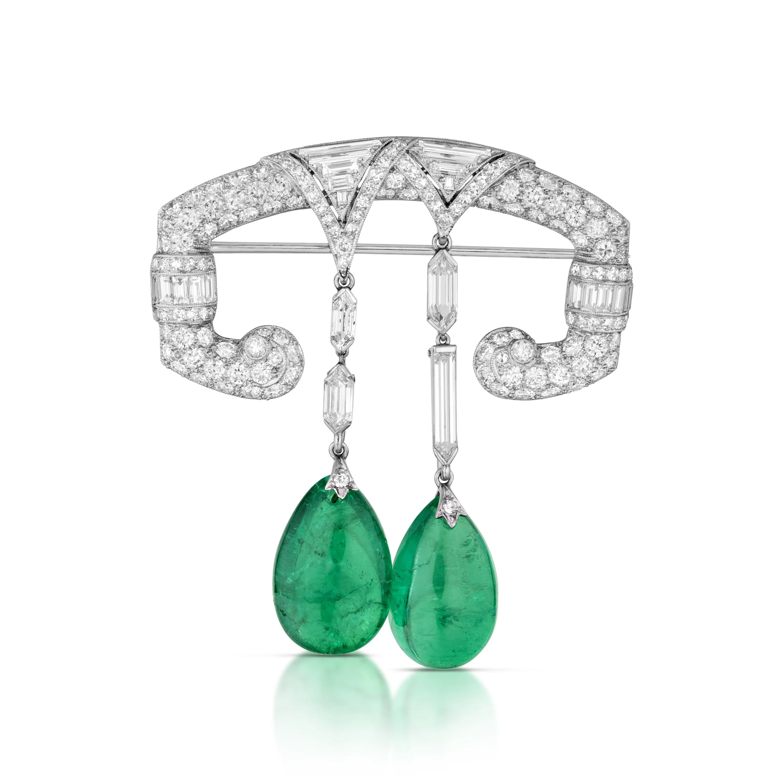 26.11 carat Emerald embellished with diamonds, set in white gold in an Art Deco style. 