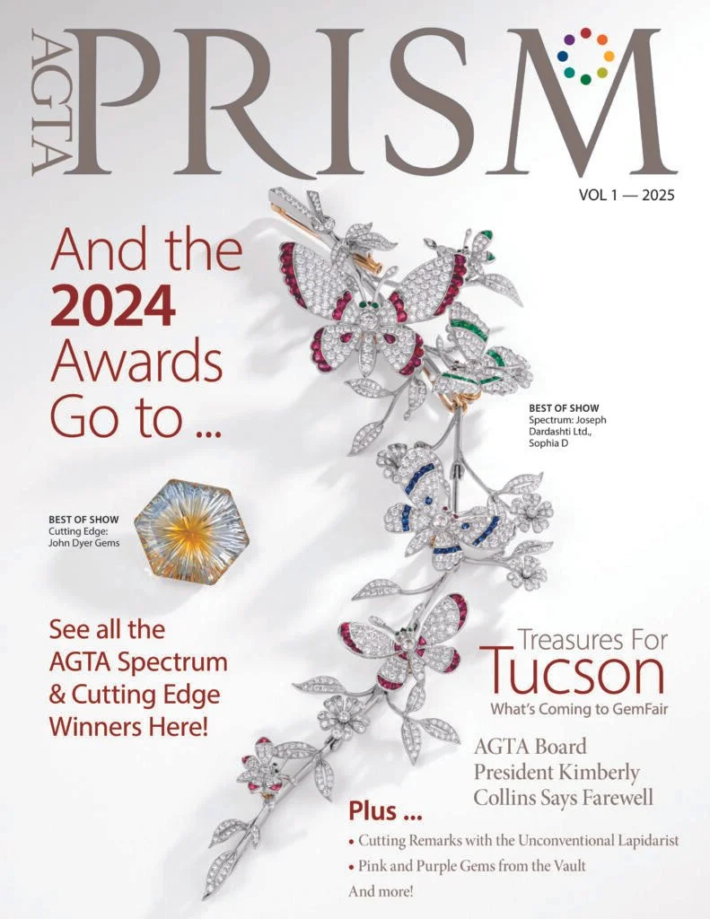 Cover of AGTA Prism magazine, 2025 edition, featuring jewelry, awards, and gemstones, with headlines about the 2024 AGTA Spectrum and Cutting Edge winners, Tucson treasures, and gemstone articles.