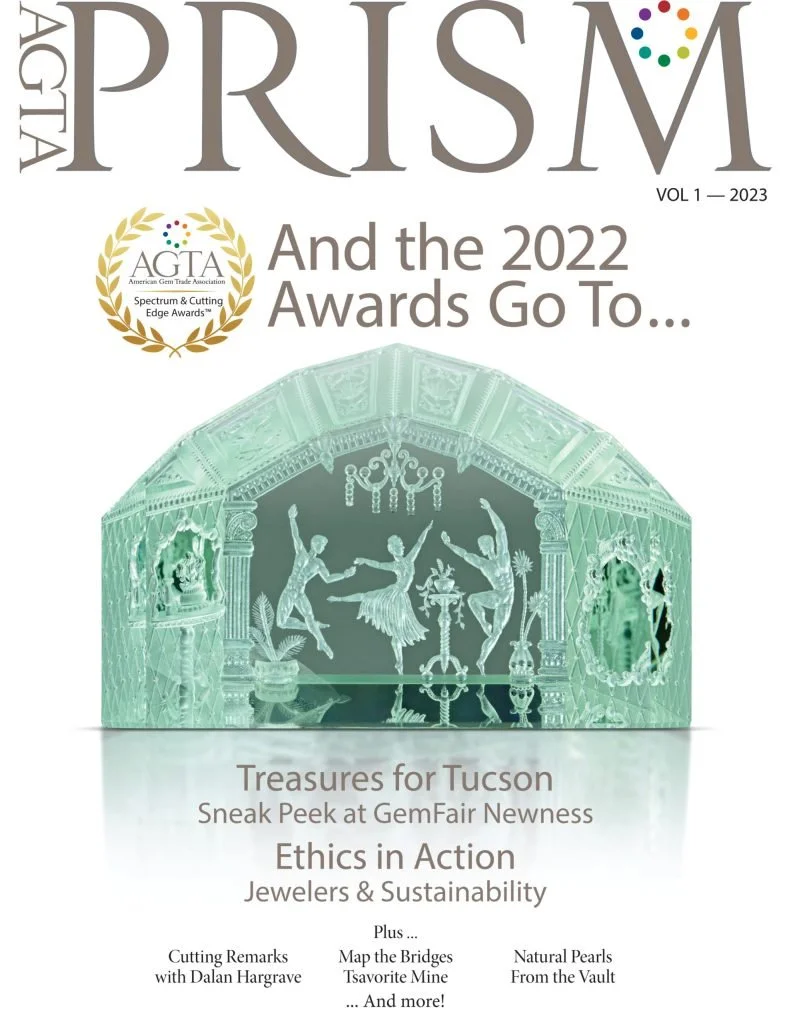 Cover of a magazine titled 'Prism' with the subtitle 'And the 2022 Awards Go To...' featuring an image of a glass art installation depicting dancers and ornate decorations, and text highlighting treasures for Tucson, ethics in action, and additional 
