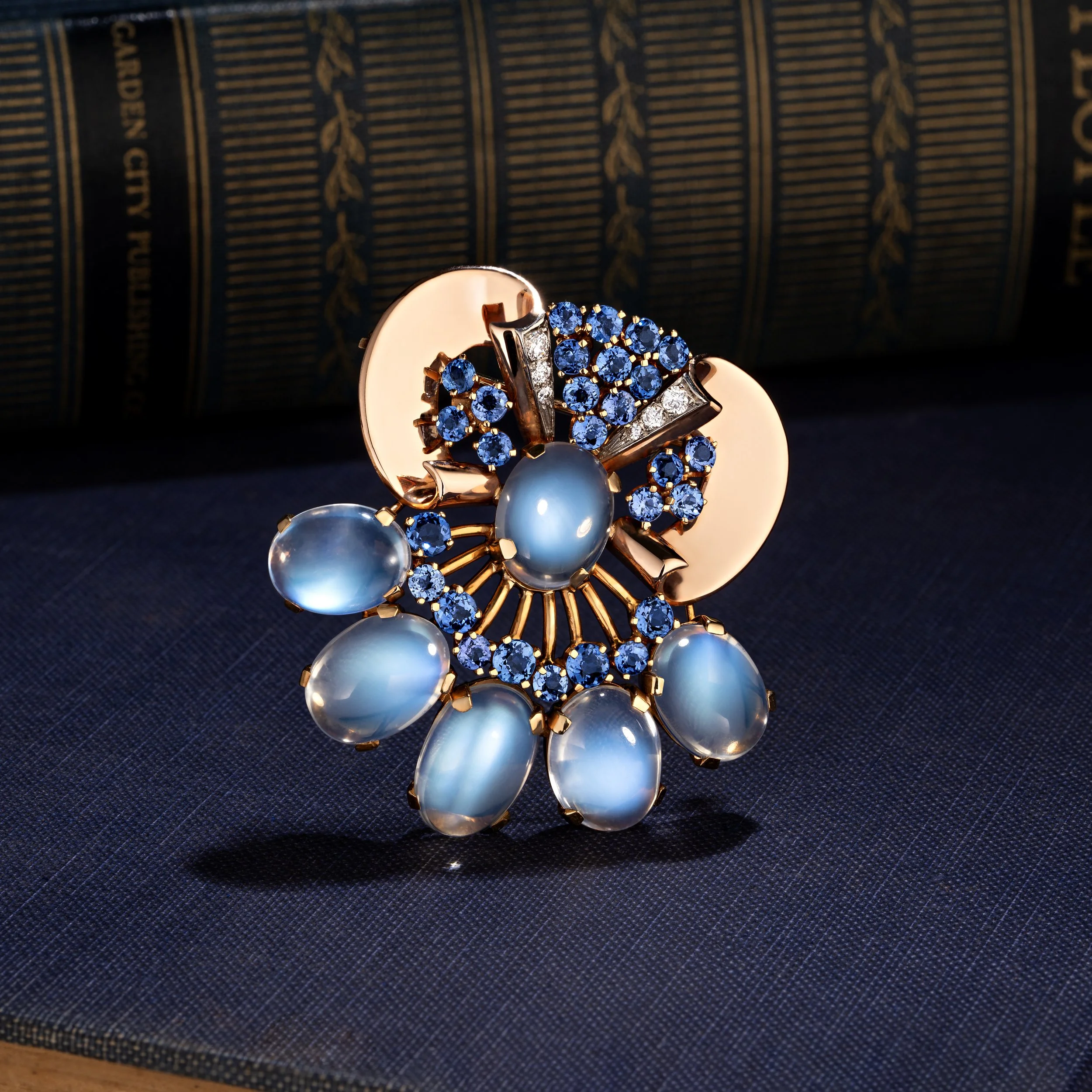 Vintage Tiffany Moonstone and diamond sapphire brooch set in rose gold. 