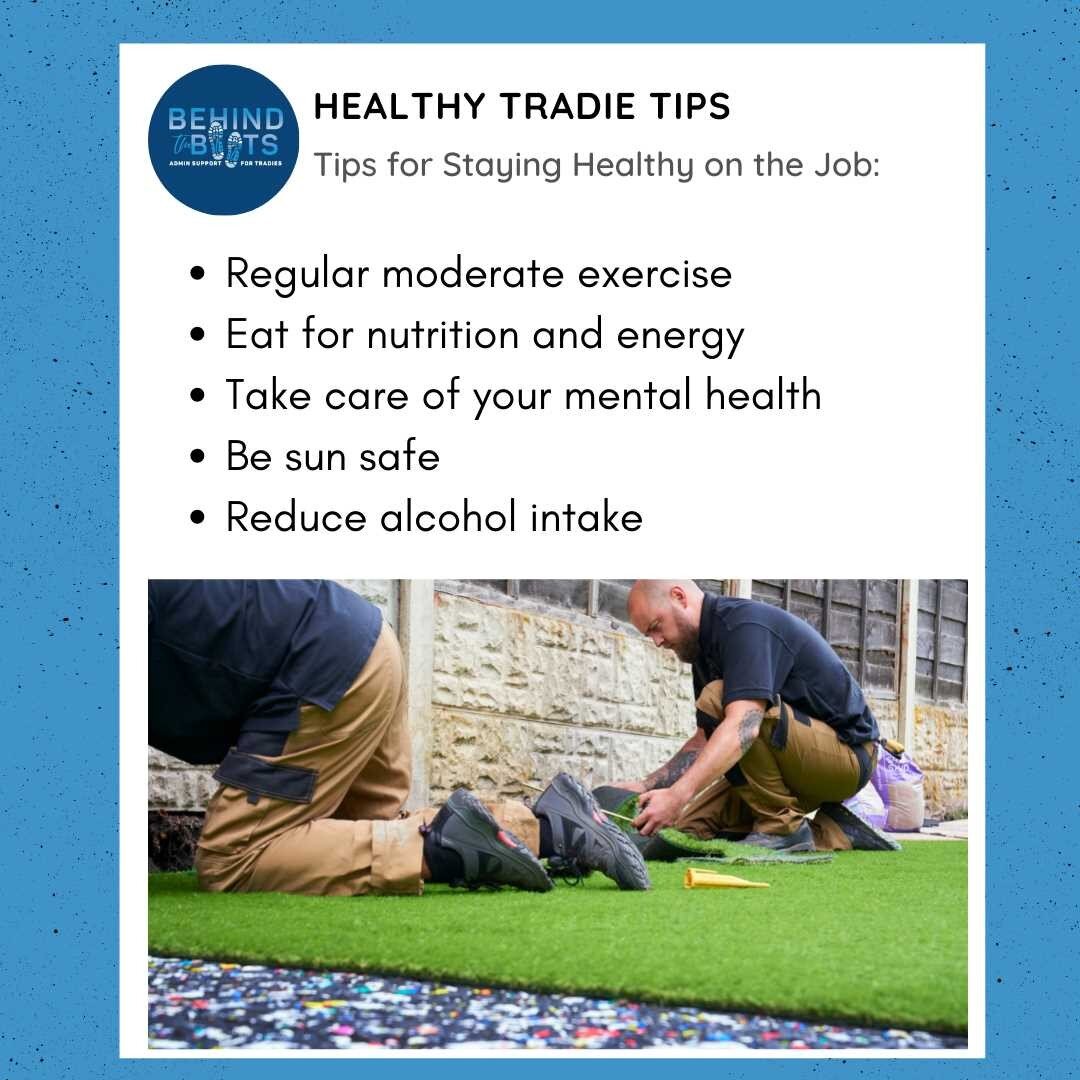 HEALTHY TRADIE TIPS

5 Tips to stay healthy on the job:

1. Regular moderate exercise 
2. Eat for nutrition and energy 
3. Take care of your mental health 
4. Be sun safe 
5. Reduce alcohol intake
.
.
.
.
.
.
.
.
.
.
.
.
.
#recruiting #jobrecruitment
