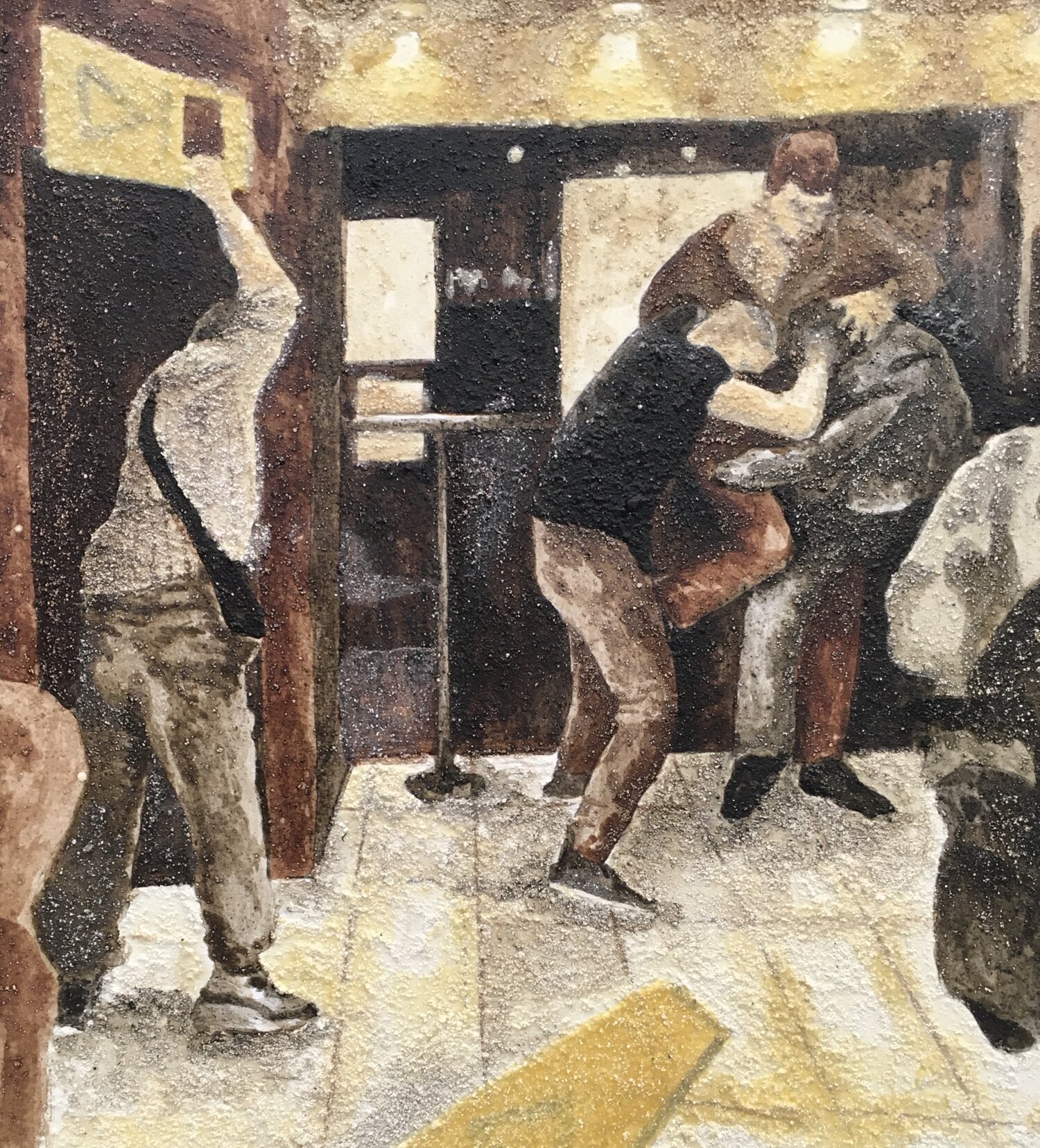 Caution Wet Floor 2019; Organic Chicken Tempera on canvas; 30 x 25 cm