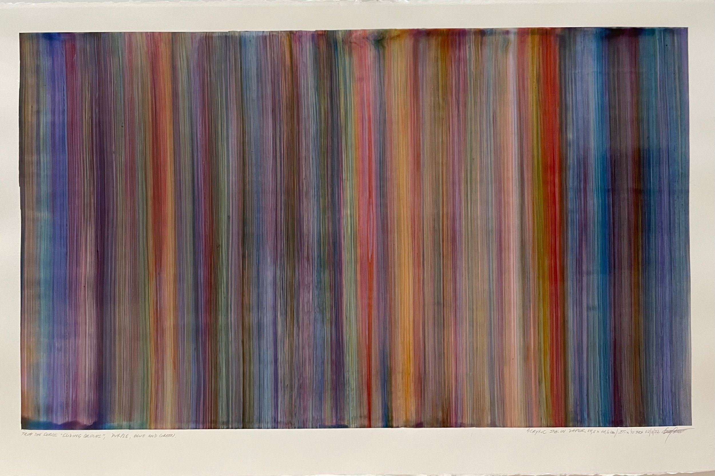 PURPLE, BLUE AND GREEN, Acrylic Ink on Arches Cotton Paper Cold Pressed 300 gs./140 lb. Size:101 W x 66 H x 0.1 D cm/39.76 W x 25,98 H x 0.1 inches. 2022.