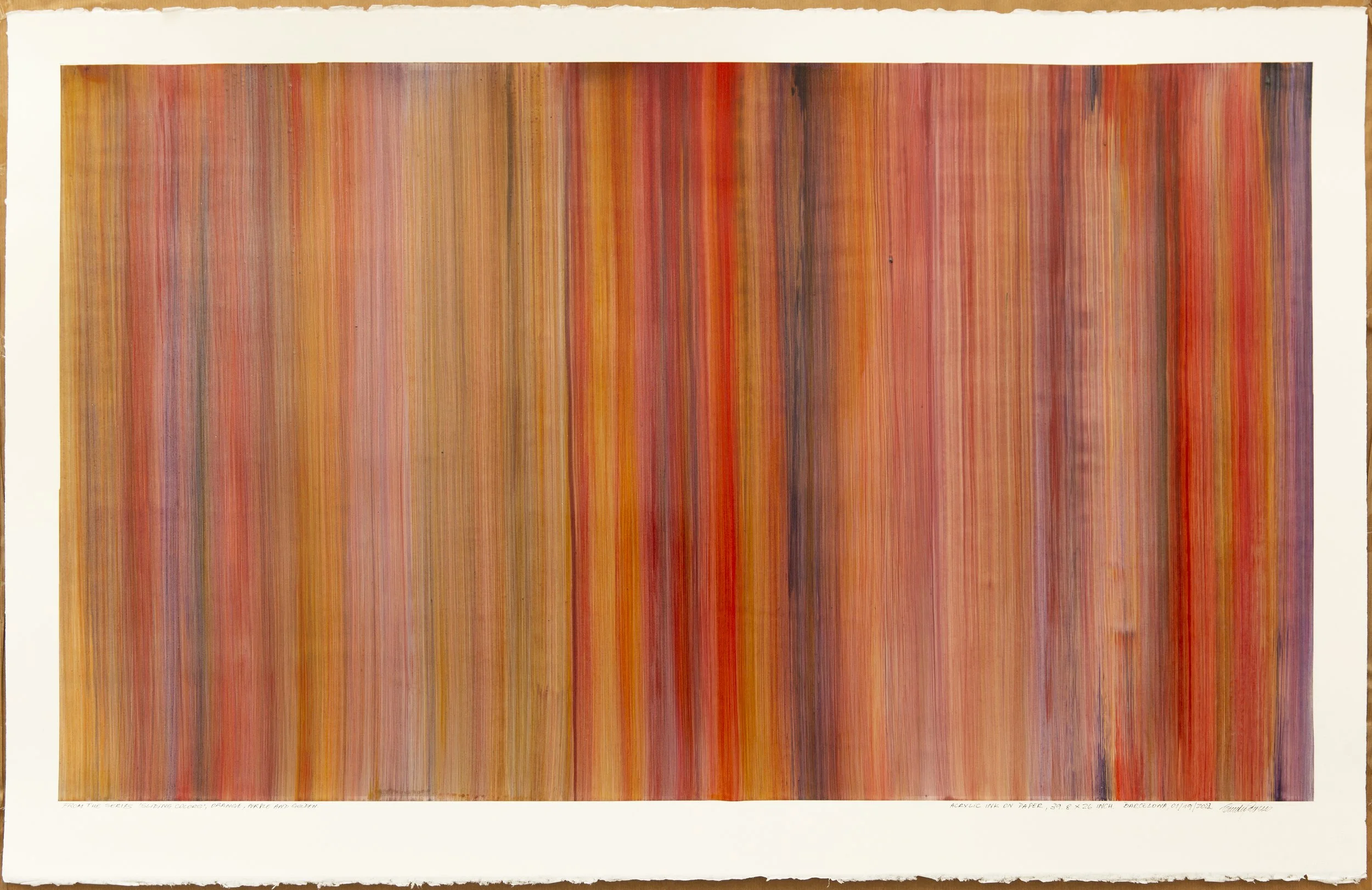 ORANGE, PURPLE AND GOLDEN, Acrylic Ink on Arches Cotton Paper Cold Pressed 300 gs./140 lb. Size:101 W x 66 H x 0.1 D cm/39.76 W x 25,98 H x 0.1 inches. 2022.