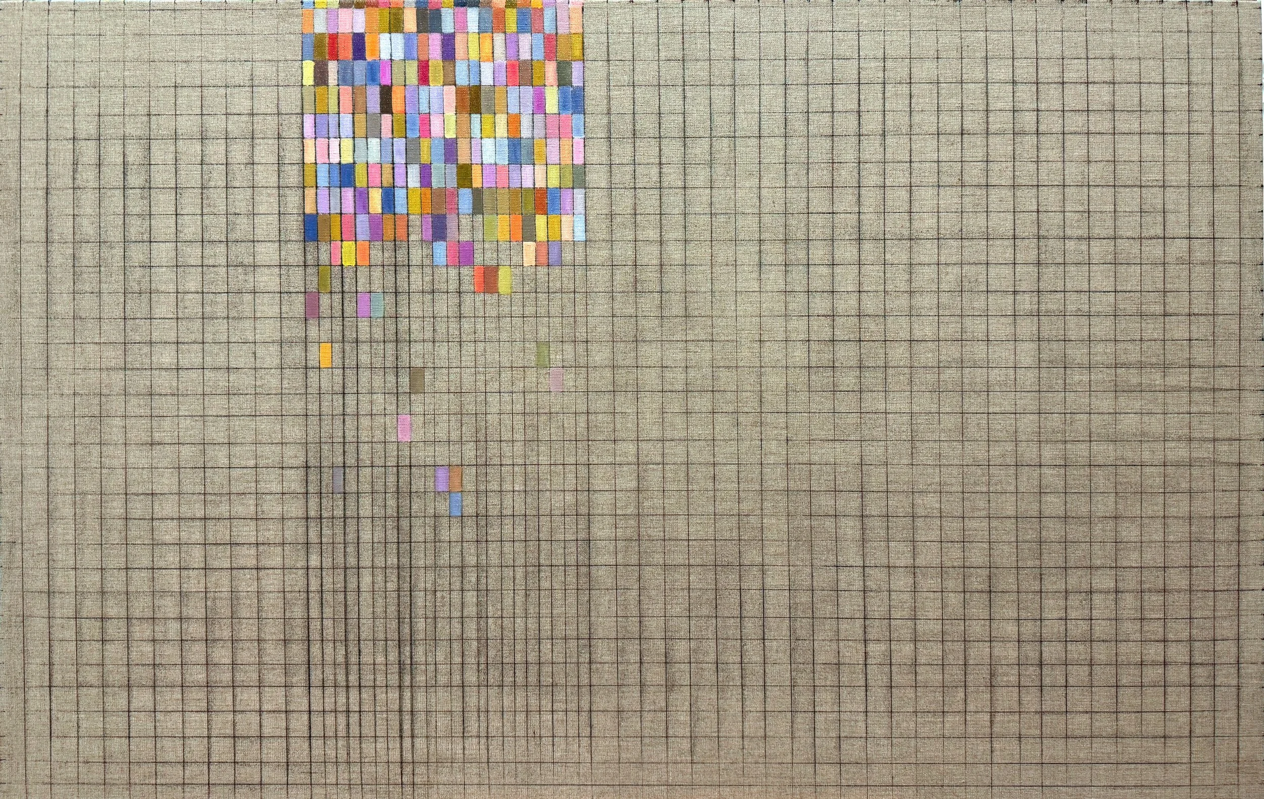 NUMBER 5. Size: 100 W x 65 H x 3 D cm/ 39.37 W x 25.59 H x 1.18 D. Inches.  Acrylic and Tajima ink on Linen. 2026.