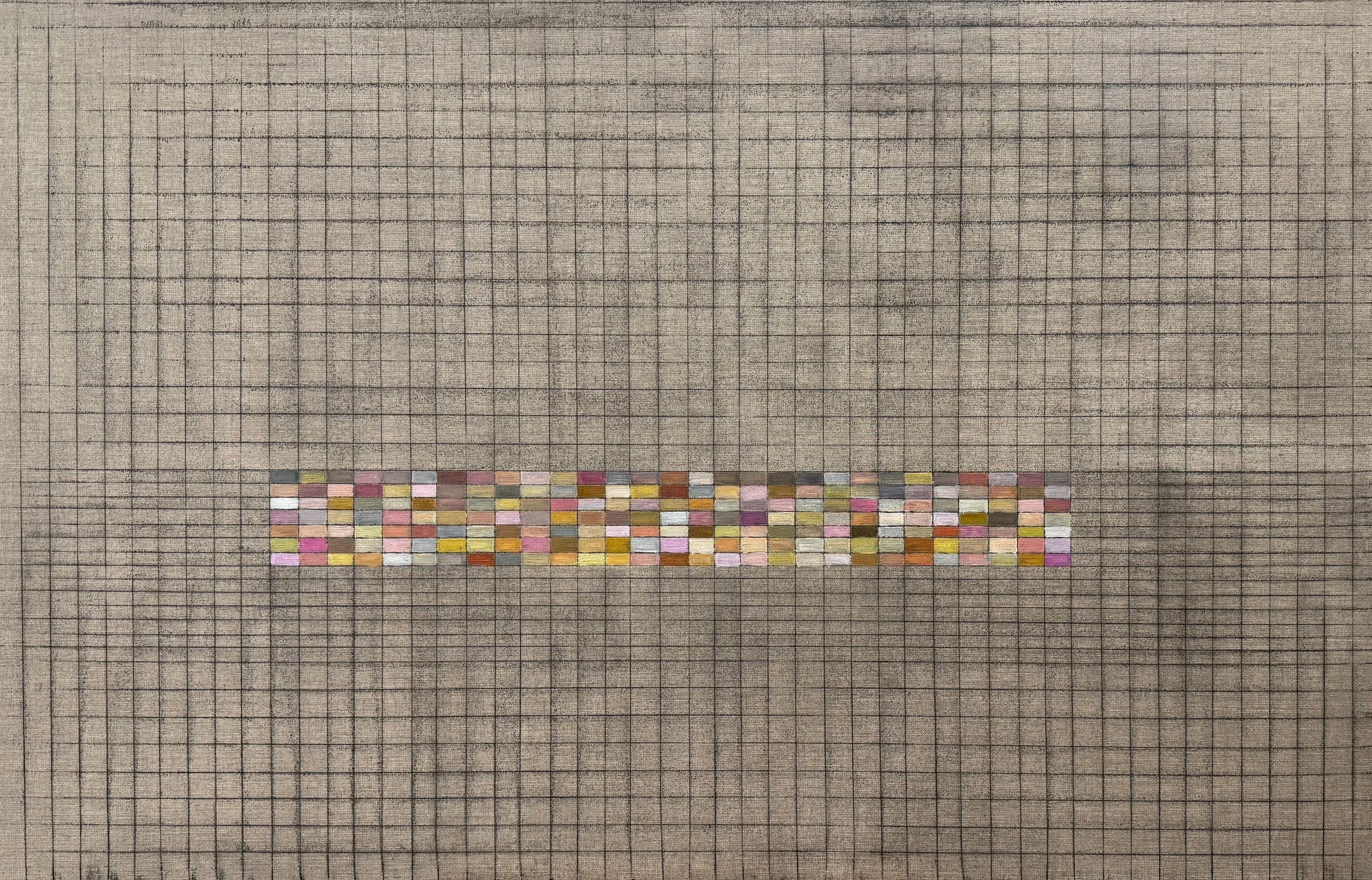 NUMBER 4 . Size: 120 W x 65 H x 3 D cm/ 47.24 W x 25.59 H x 1.18 D. Inches.  Acrylic and Tajima ink on Linen. 2026