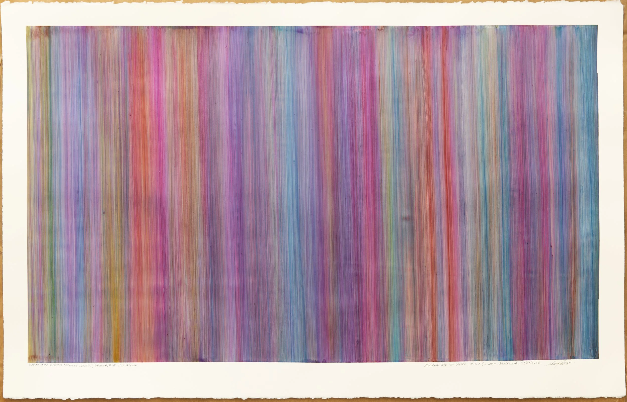 MAGENTA, BLUE AND YELLOW, Acrylic Ink on Arches Cotton Paper Cold Pressed 300 gs./140 lb. Size:101 W x 66 H x 0.1 D cm/39.76 W x 25,98 H x 0.1 inches. 2022.