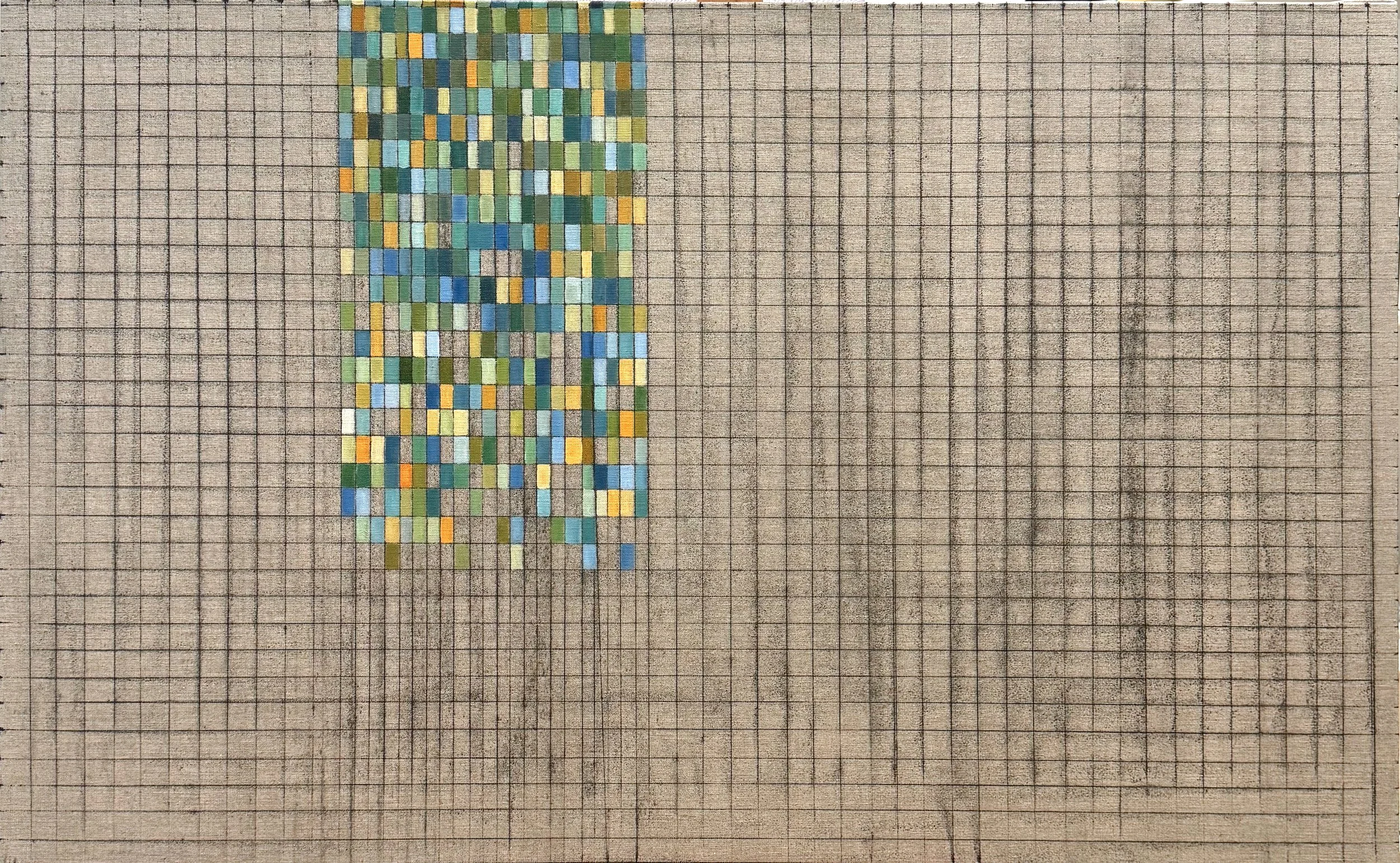 NUMBER 6. Size: 100 W x 65 H x 3 D cm/ 39.37 W x 25.59 H x 1.18 D. Inches.  Acrylic and Tajima ink on Linen. 2026.