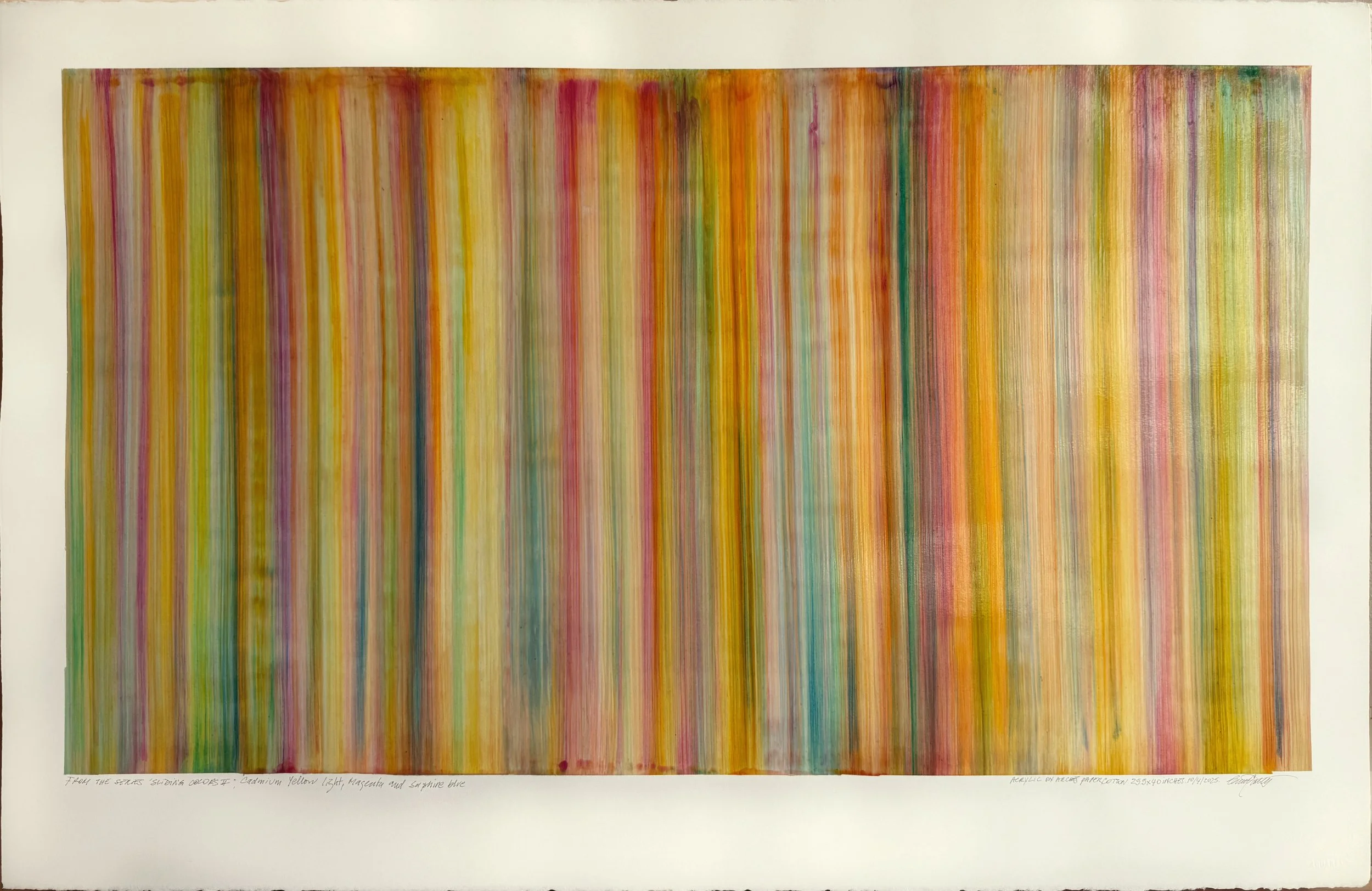 CADMIUM YELLOW, MAGENTA AND BLUE, Acrylic Ink on Arches Cotton Paper Cold Pressed 300 gs./140 lb. Size:101 W x 66 H x 0.1 D cm/39.76 W x 25,98 H x 0.1 inches. 2024.