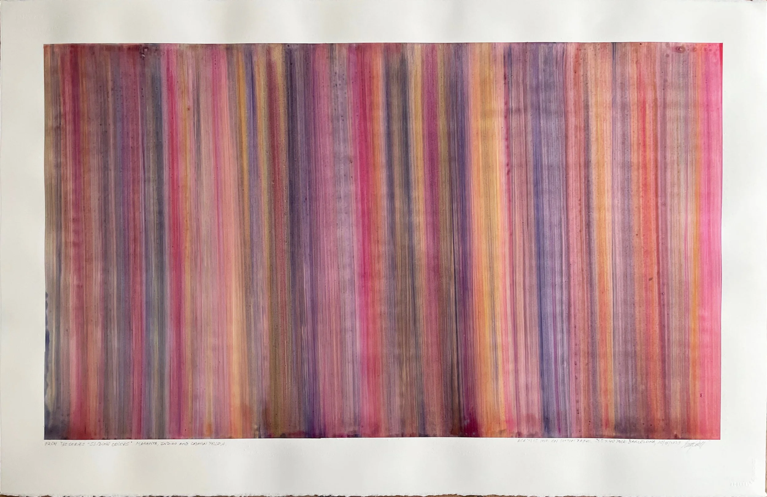 MAGENTA, INDIGO AND CADMIUM YELLOW, Acrylic Ink on Arches Cotton Paper Cold Pressed 300 gs./140 lb. Size:101 W x 66 H x 0.1 D cm/39.76 W x 25,98 H x 0.1 inches. 2022.