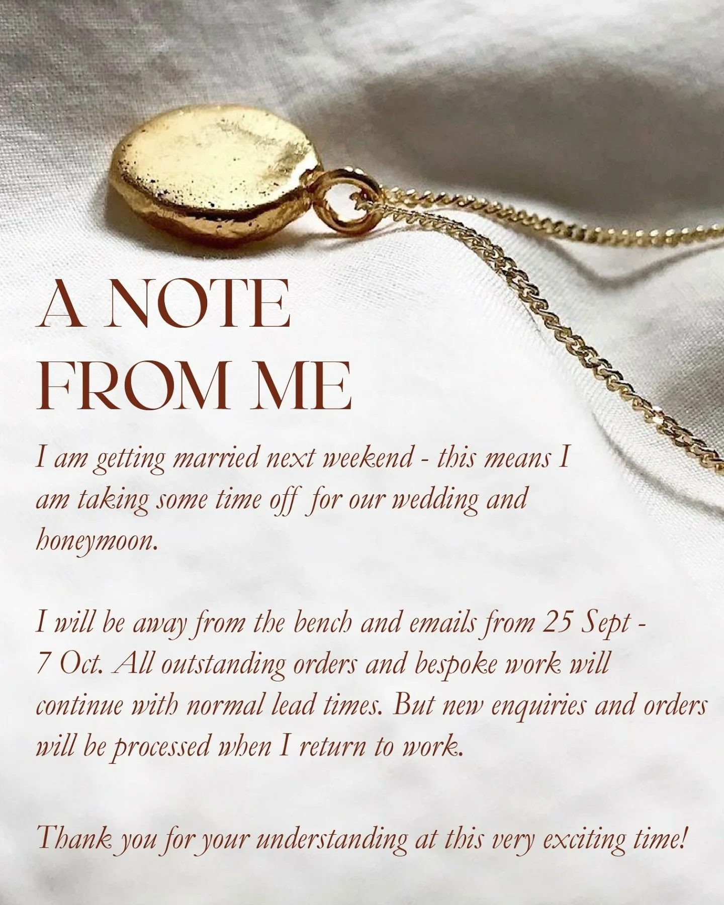 A note from Annie ~

Some time off on the near horizon, please email me if you have any questions about how this affects lead times 💌